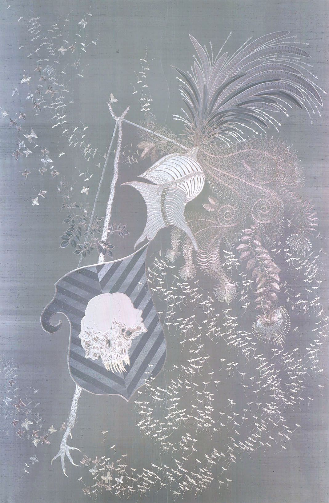 grey embroidery with helmet, coat of arms, and skull