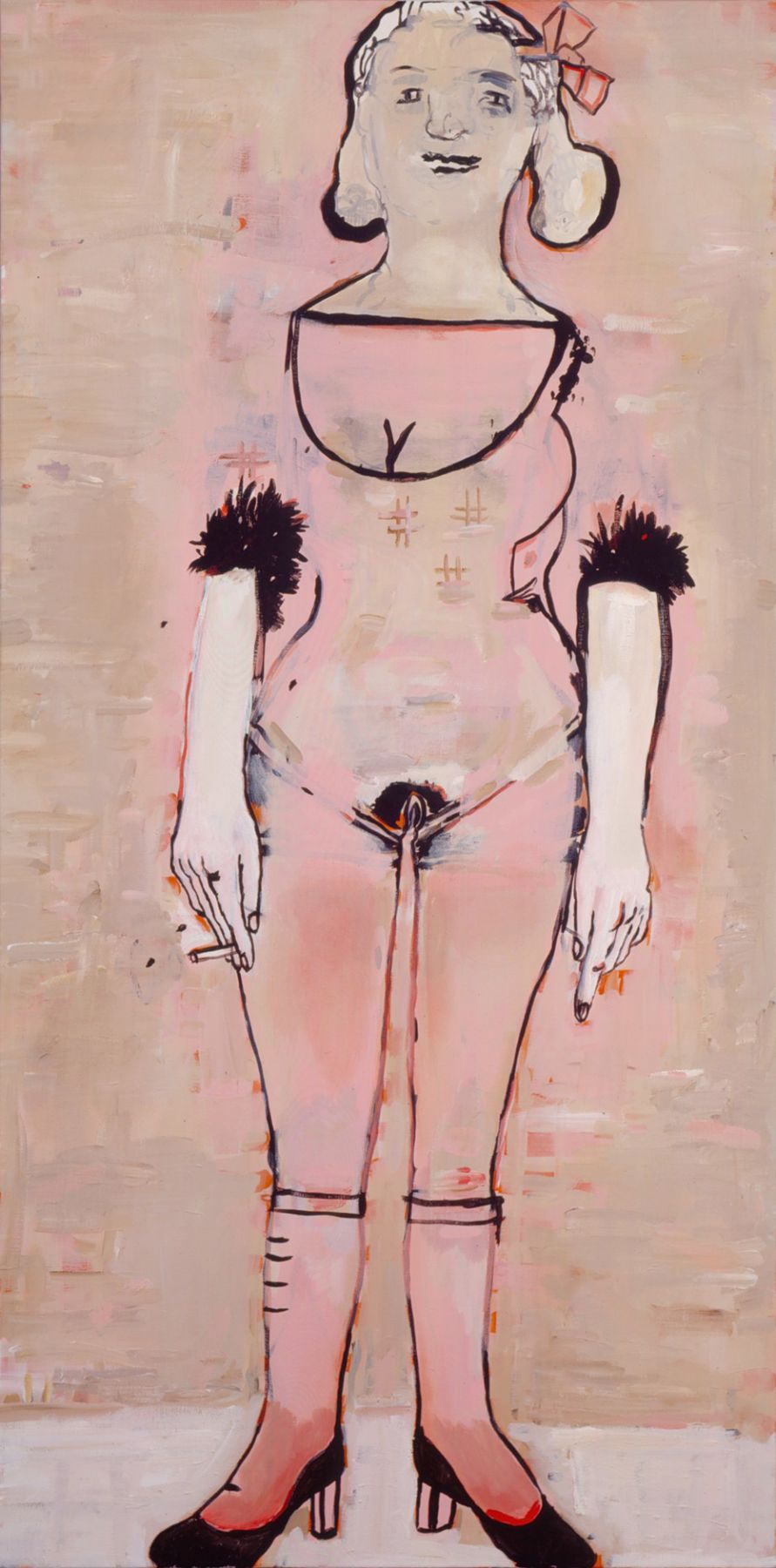 portrait of a woman in pink smoking by hannah van bart