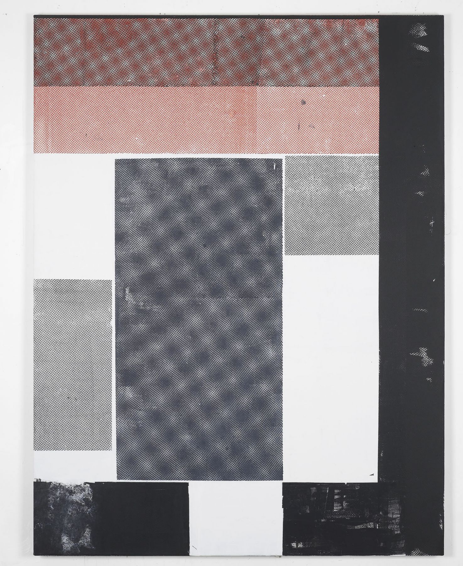 red, black, and white grid painting by melissa gordon