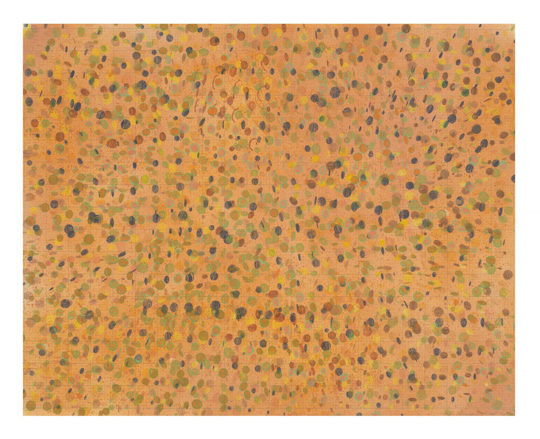 Orange color grid pattern mix media drawing on paper by Howardena Pindell