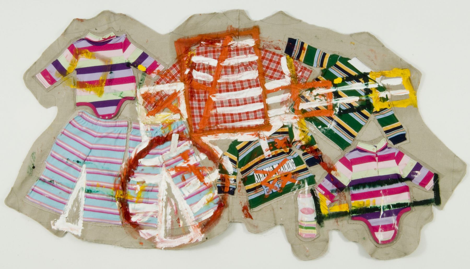 mixed media installation featuring baby clothes by mike cloud
