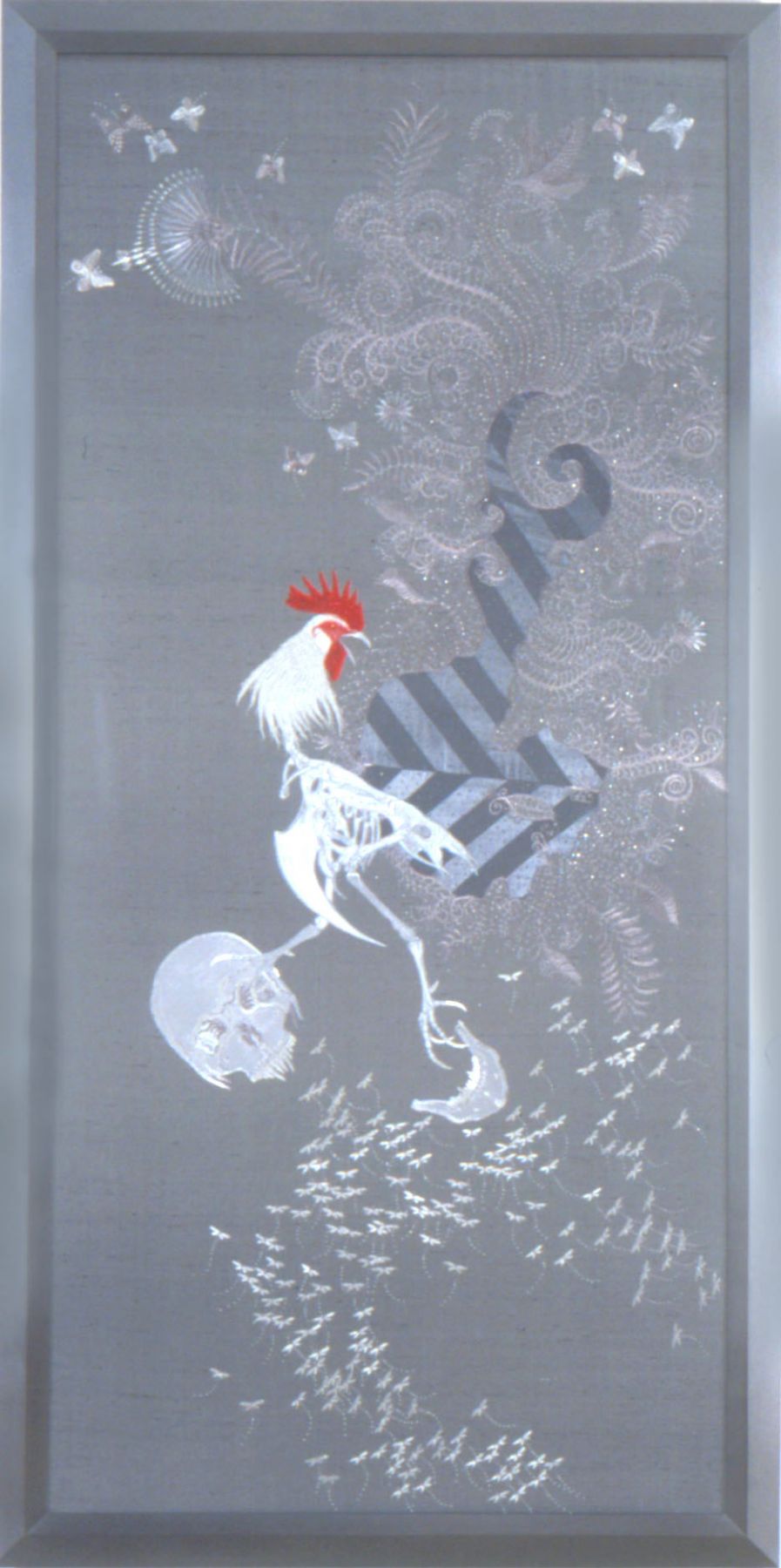 grey embroidery with chicken by angelo filomeno
