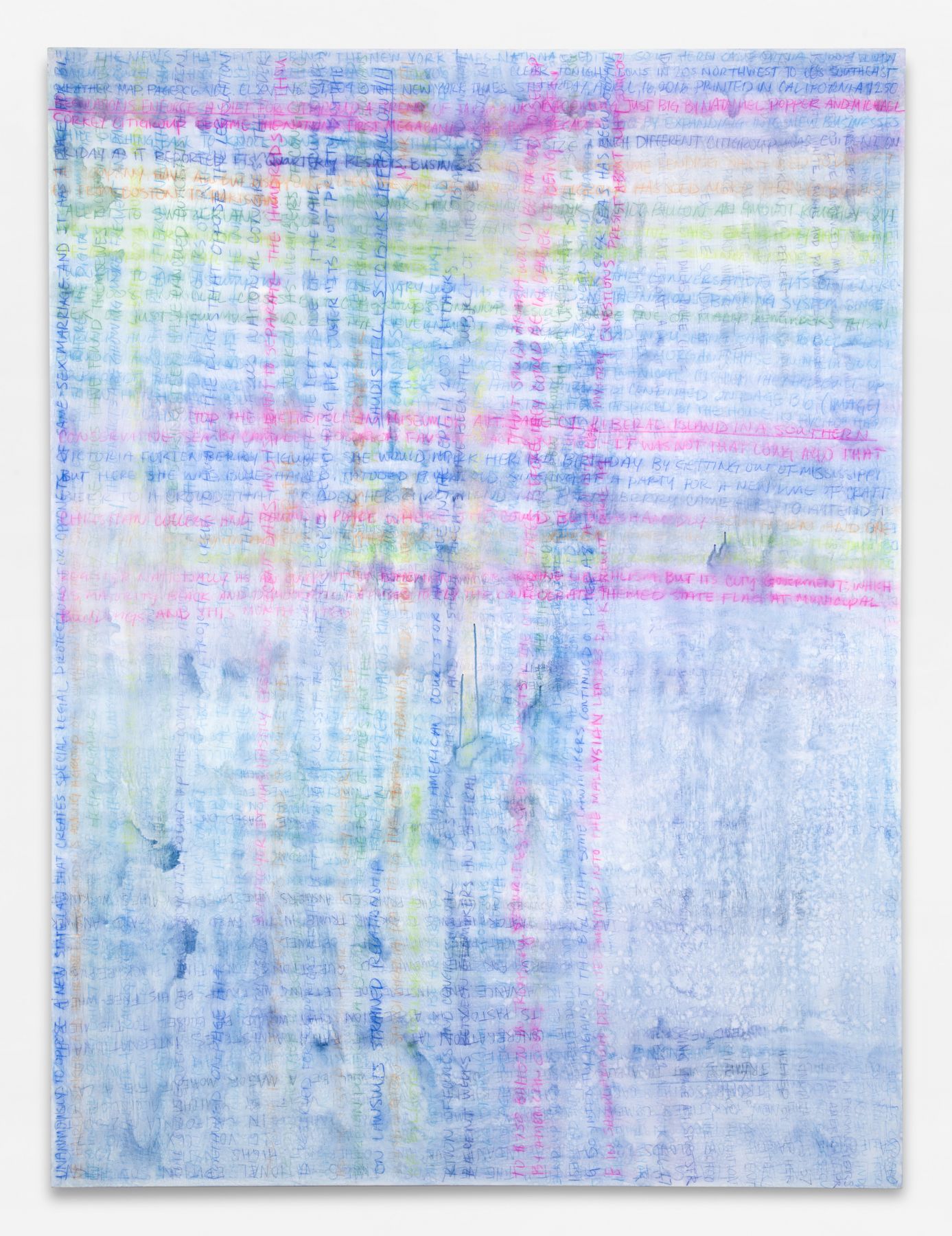The New York Times, Saturday April 16 2016/Friday September 2 2016, national edition Southern California (front page), 2017, Watercolor pencil on canvas