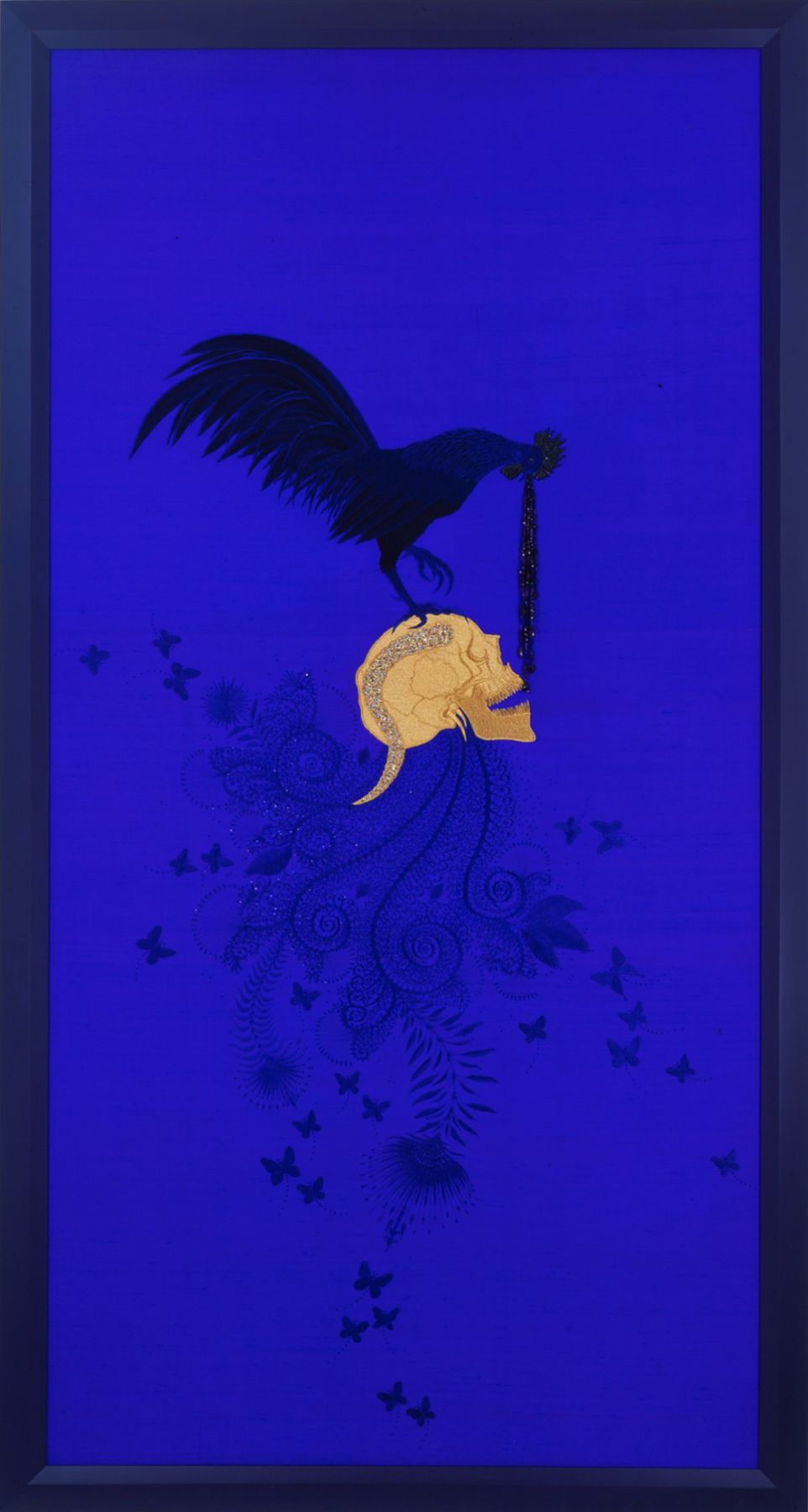 blue embroidery with skull and bird by angelo filomeno
