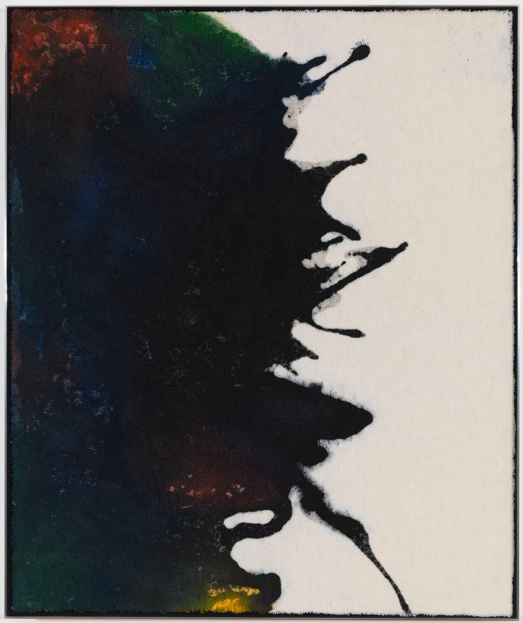 panel by andisheh avini with black paint and accents of color splashed over background