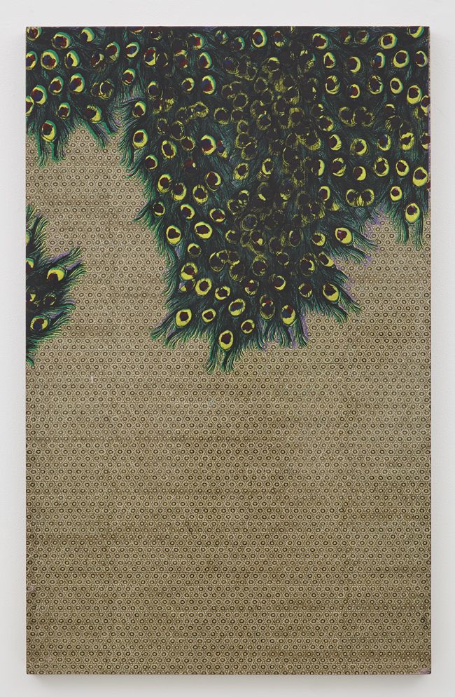 painting with green floral forms on wood by andisheh avini