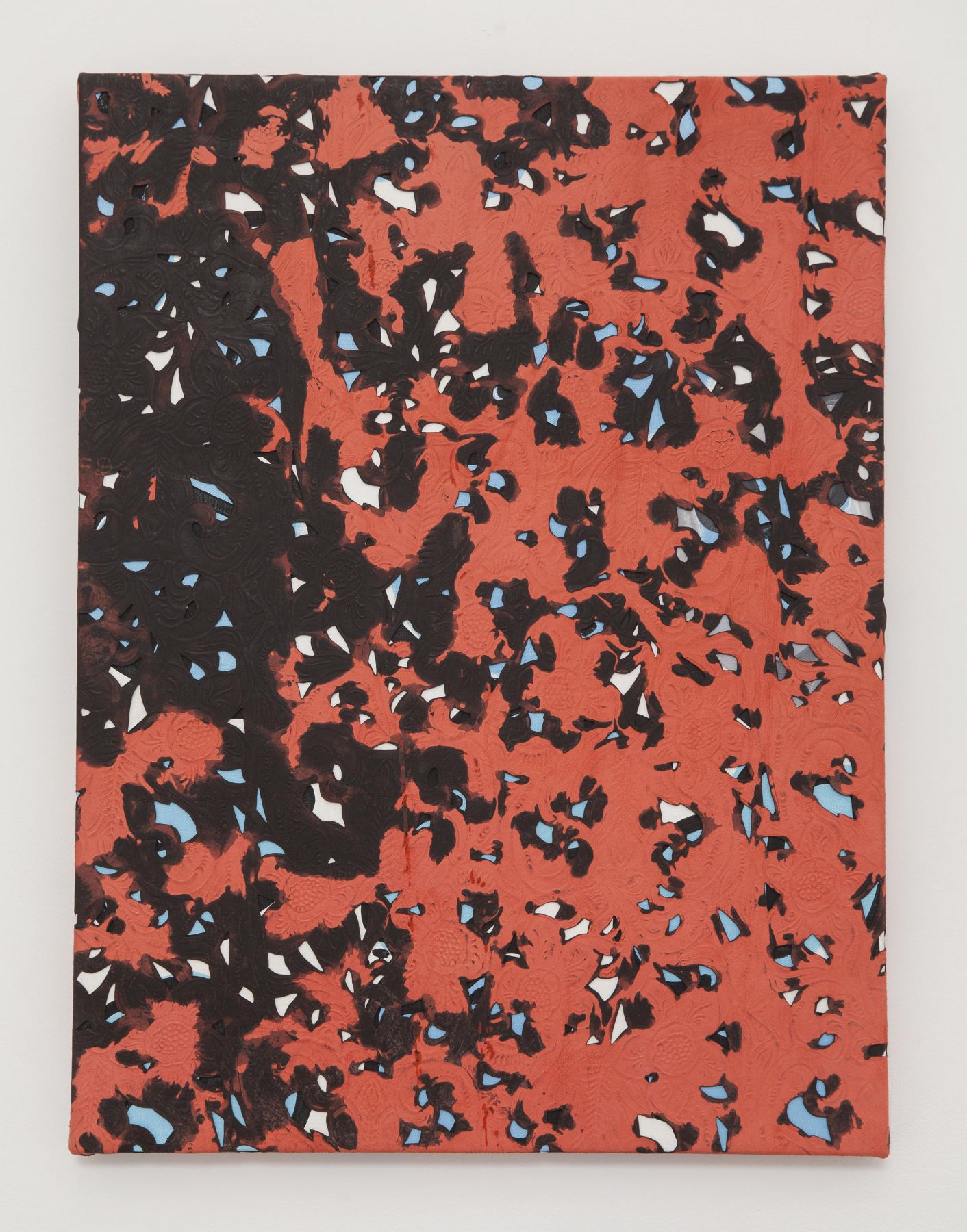 an oil on canvas with dyed leather pieces work by Julia Dault, an artist from Canada