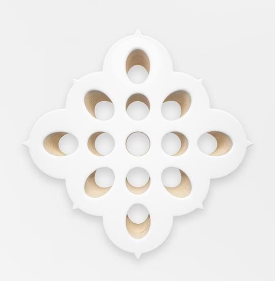 Lot 021416 (spore case 1, white), 2016, Pigmented epoxy resin on wood panel support with steel tubing 