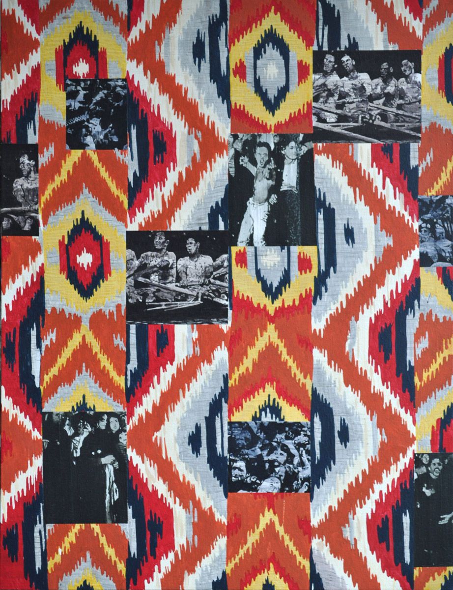 work by melissa gordon with photographs set against a red and blue patterned background