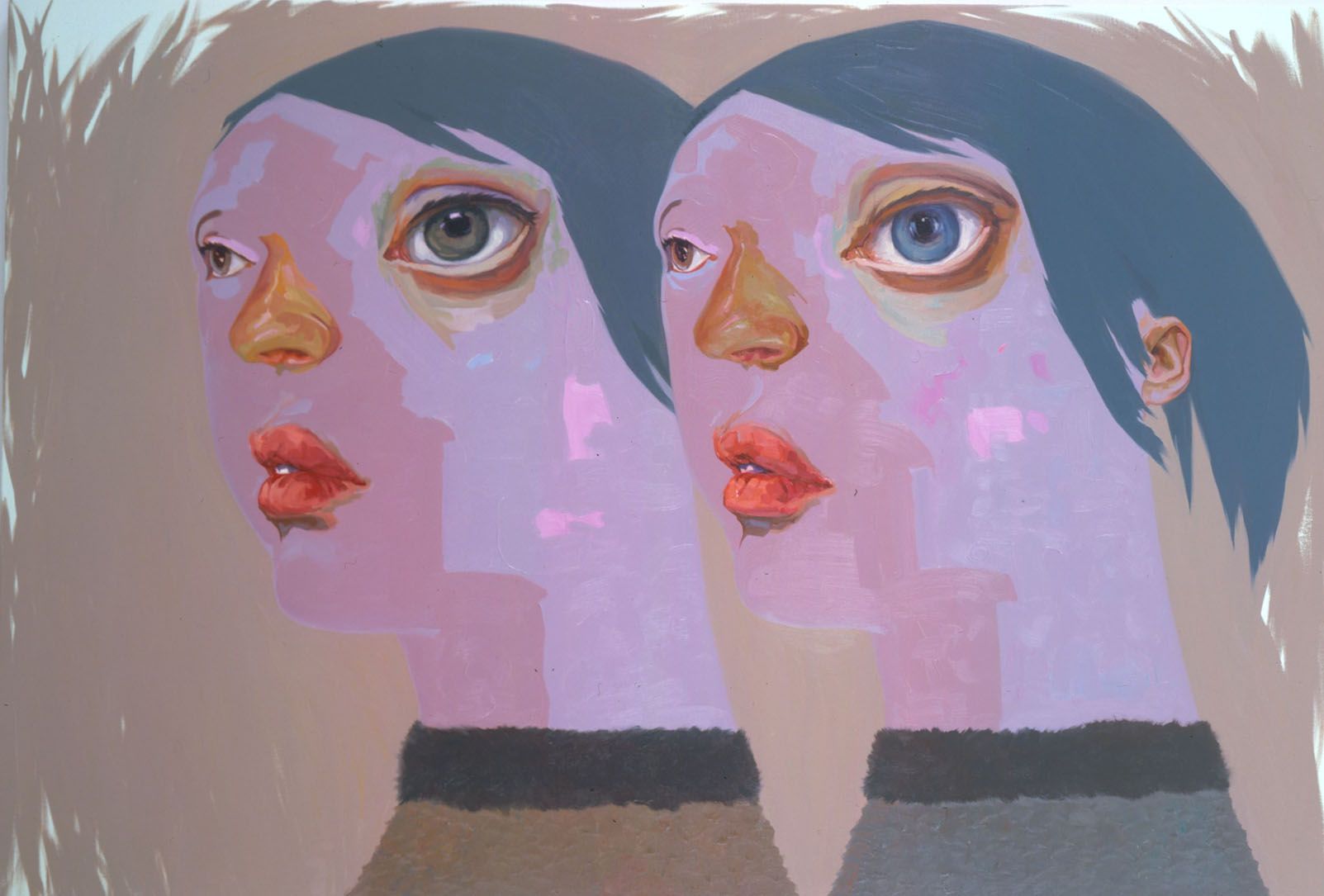 double portrait of women with purple faces