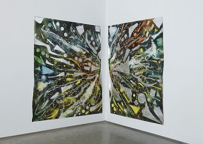 Mosaic Drawing Shard Vision (All Colors and Silver), 2010, Spray paint, acrylic and silver leaf Corner diptych