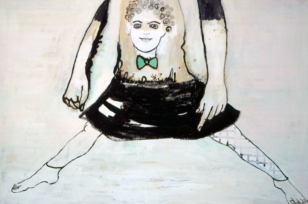 painting of a woman in a skirt with a face on her torso by hannah van bart
