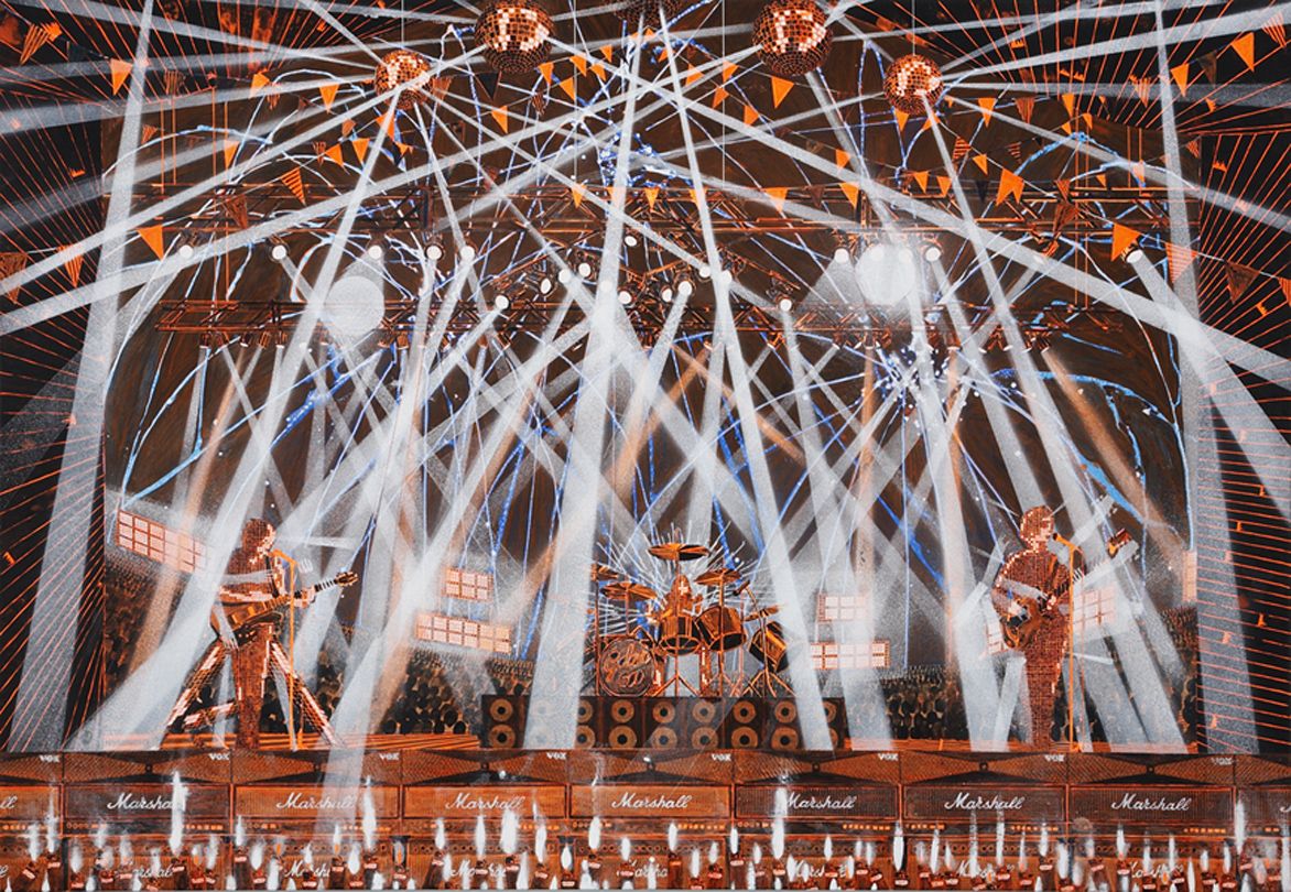 a figural work of a concert by barnaby furnas in a contemporary art gallery in nyc