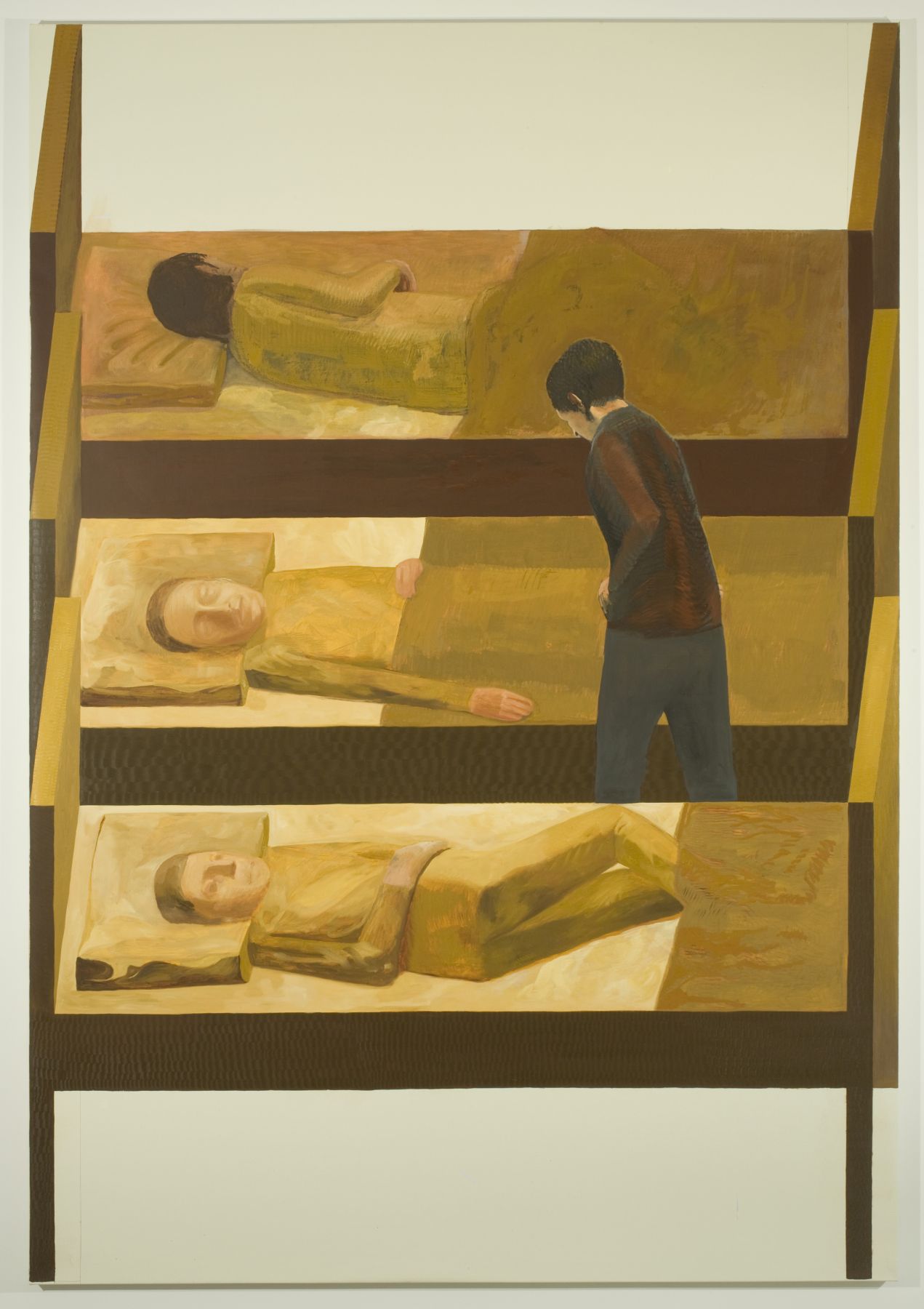 painting of three men in bed and a fourth standing up by jesse chapman