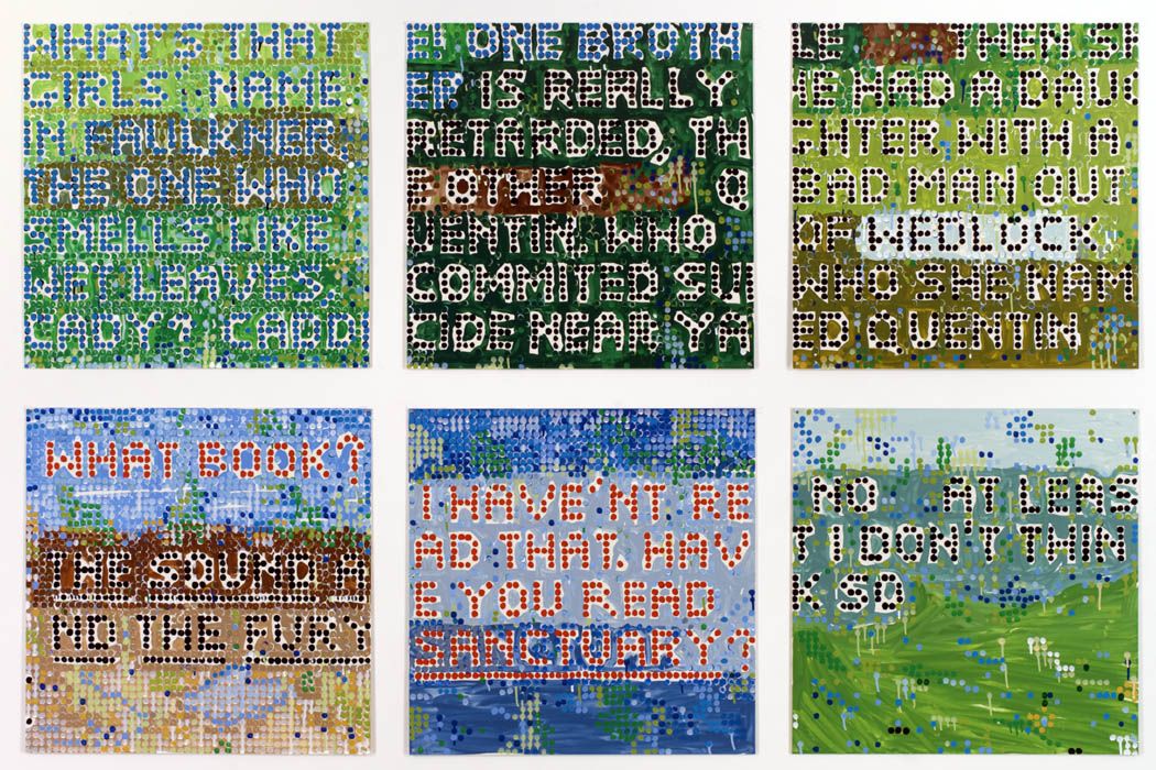 a series of colorful enamel silkscreen tiles in a grid by the formalist artist Jennifer Bartlett