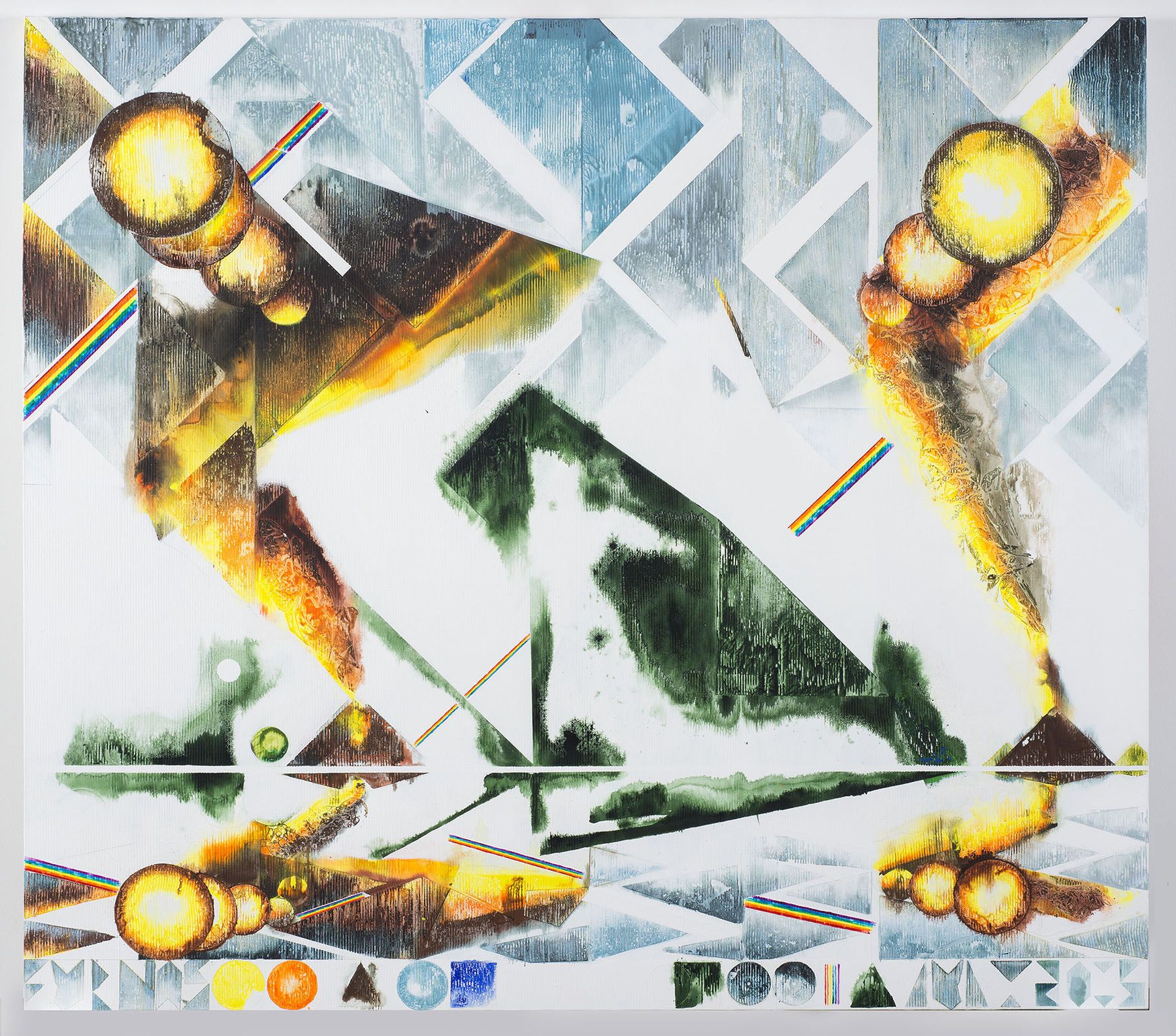 an abstract geometric painting with yellow green and blue by barnaby furnas