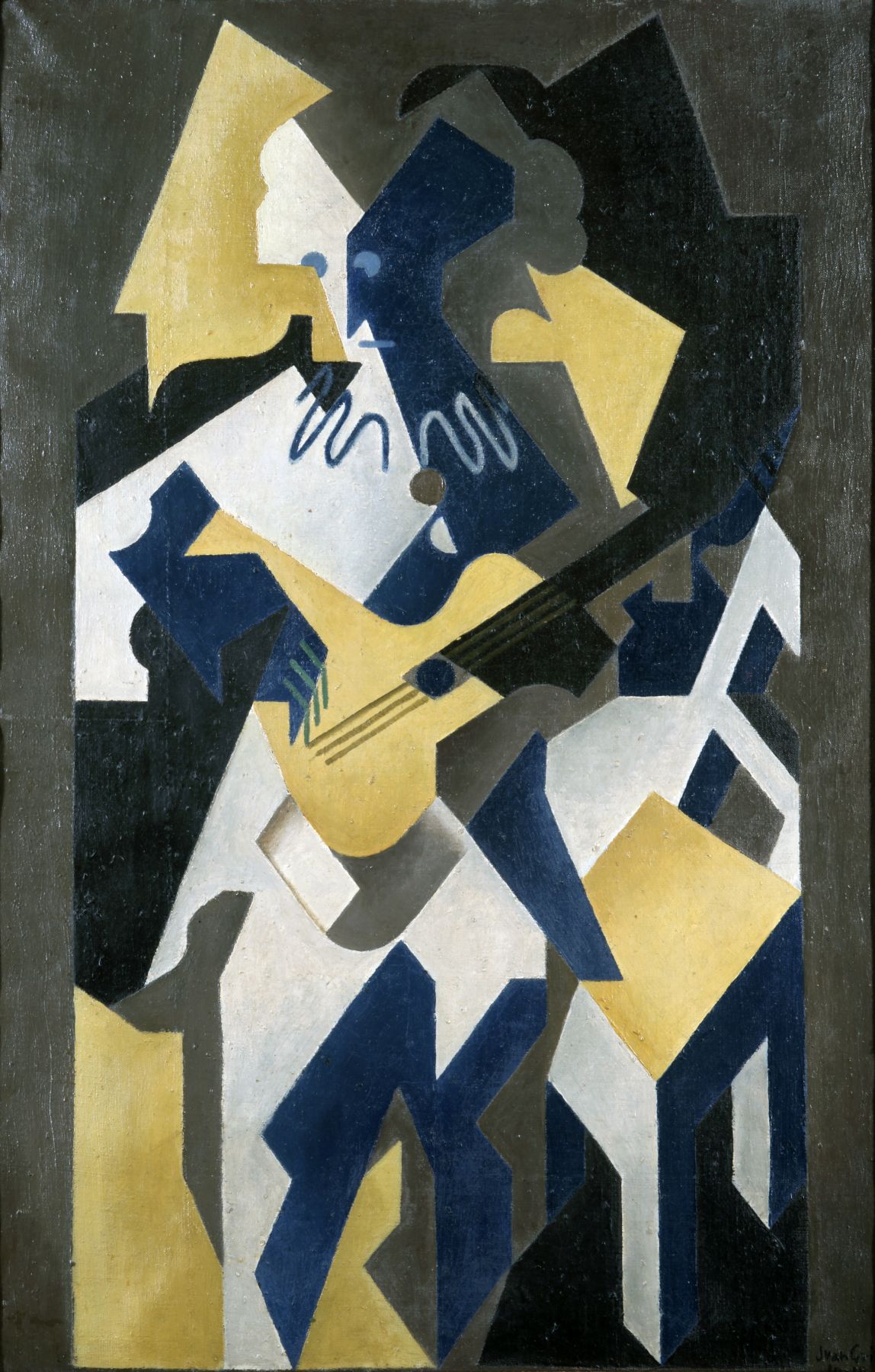 Juan Gris, Arlequin à la Guitare, 1918 Oil on canvas 100 x 65 cm. (39.4 x 25.6 in.) This painting is in white, yellow, blue, grey and black tons, it represents in a cubist manner Harlequin playing the guitar.