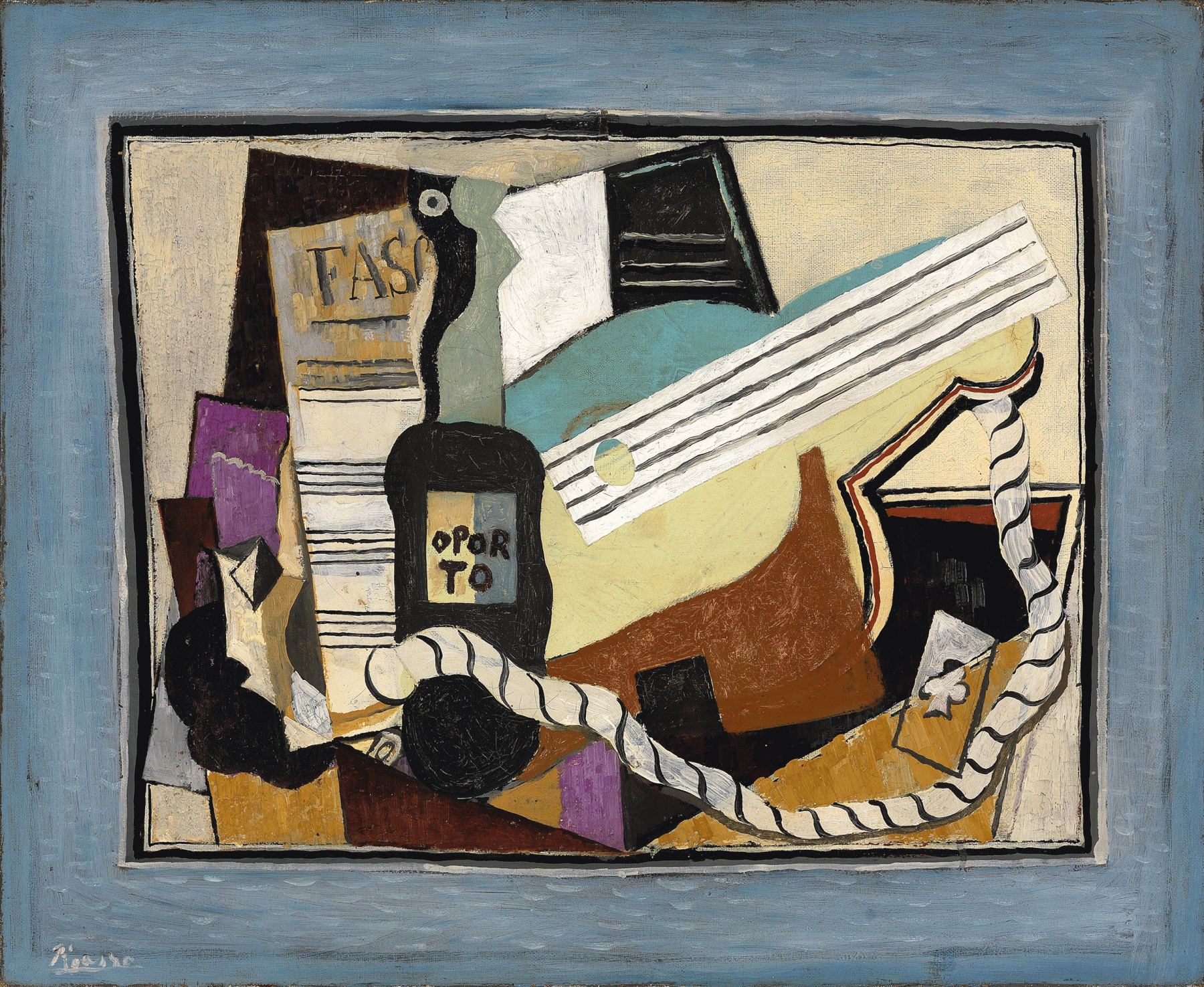 Pablo Picasso, Partition, Bouteille de Porto, Guitare, Cartes à jouer (Music Partition, Bottle of Port, Guitar, Playing Cards), 1917. Oil on canvas 50 x 61 cm. (19 5/8 x 24 in.) ©Helly Nahmad Gallery NY