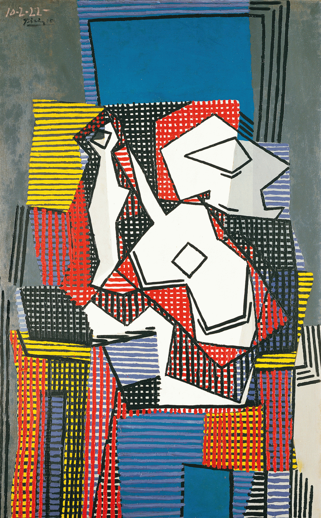 Pablo Picasso, Bouteille, Guitare et Compotier, 10 février 1922 (Bottle, Guitar and Fruit dish, 10 February 1922), 1922, Oil on canvas, 116.2 x 73 cm. (45 3/4 x 28 3/4 in.) ©Helly Nahmad Gallery NY