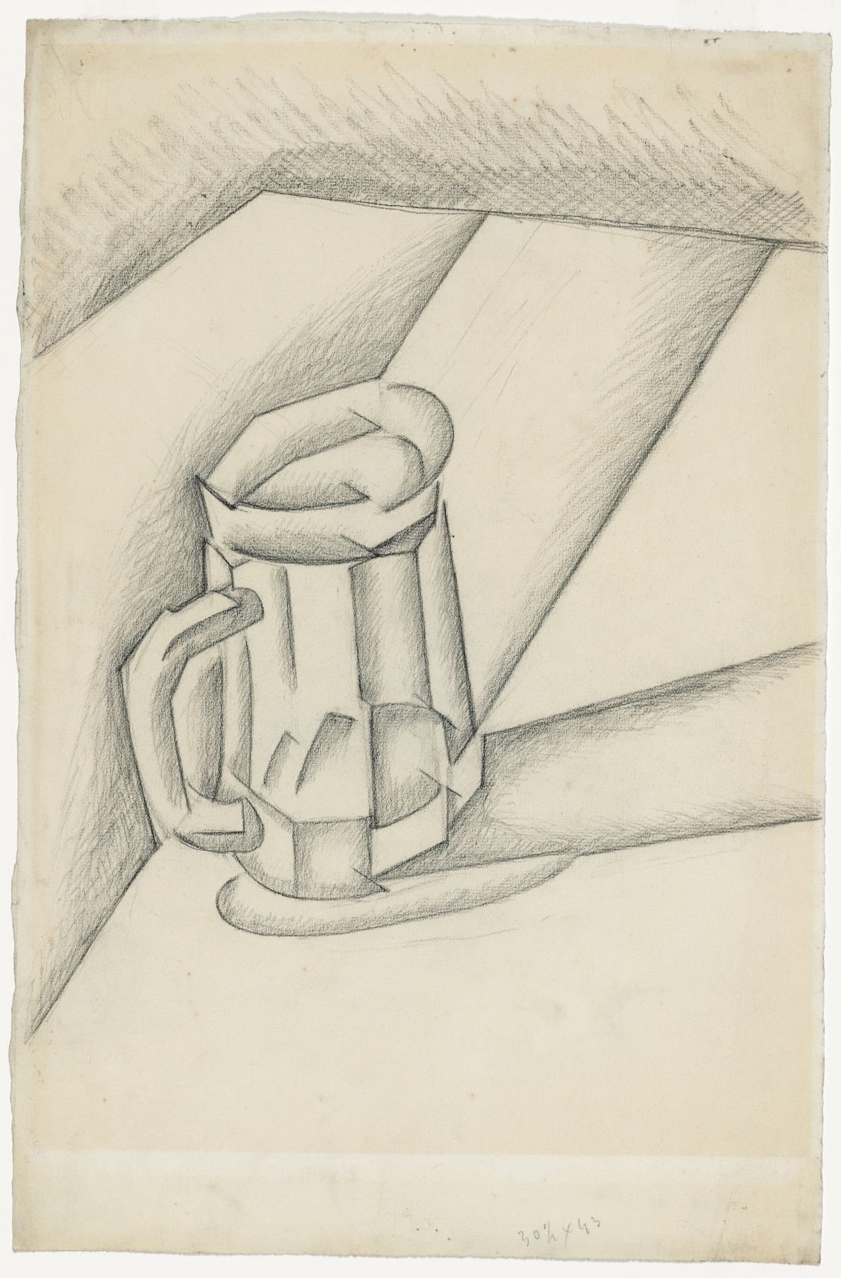 Juan Gris, Bock de Bière, 1911 Charcoal on paper 47.8 x 31.5 cm. (18 7/8 x 12 3/8 in.) This painting is a drawing in a cubist manner of a beer pint on a table.