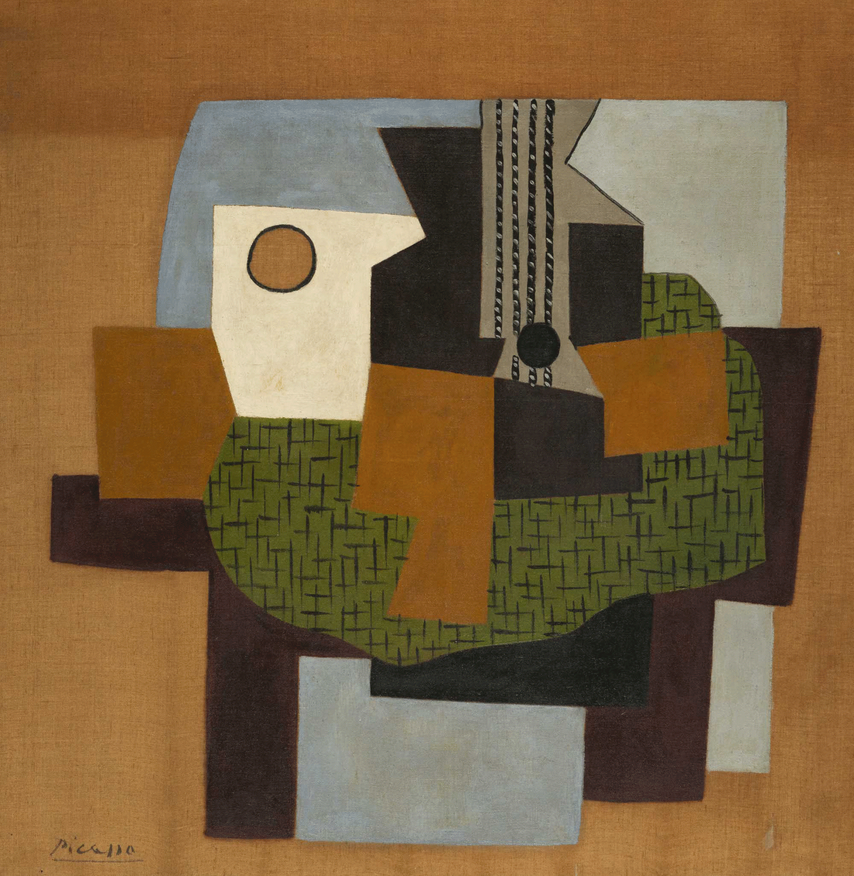 Pablo Picasso, Guitare sur une Table (verso: Le Portail, Fontainebleau) (Guitar on a Table), 1921. Oil on canvas 99 x 97.5 cm. (39 x 38 3/8 in.) ©Helly Nahmad Gallery NY