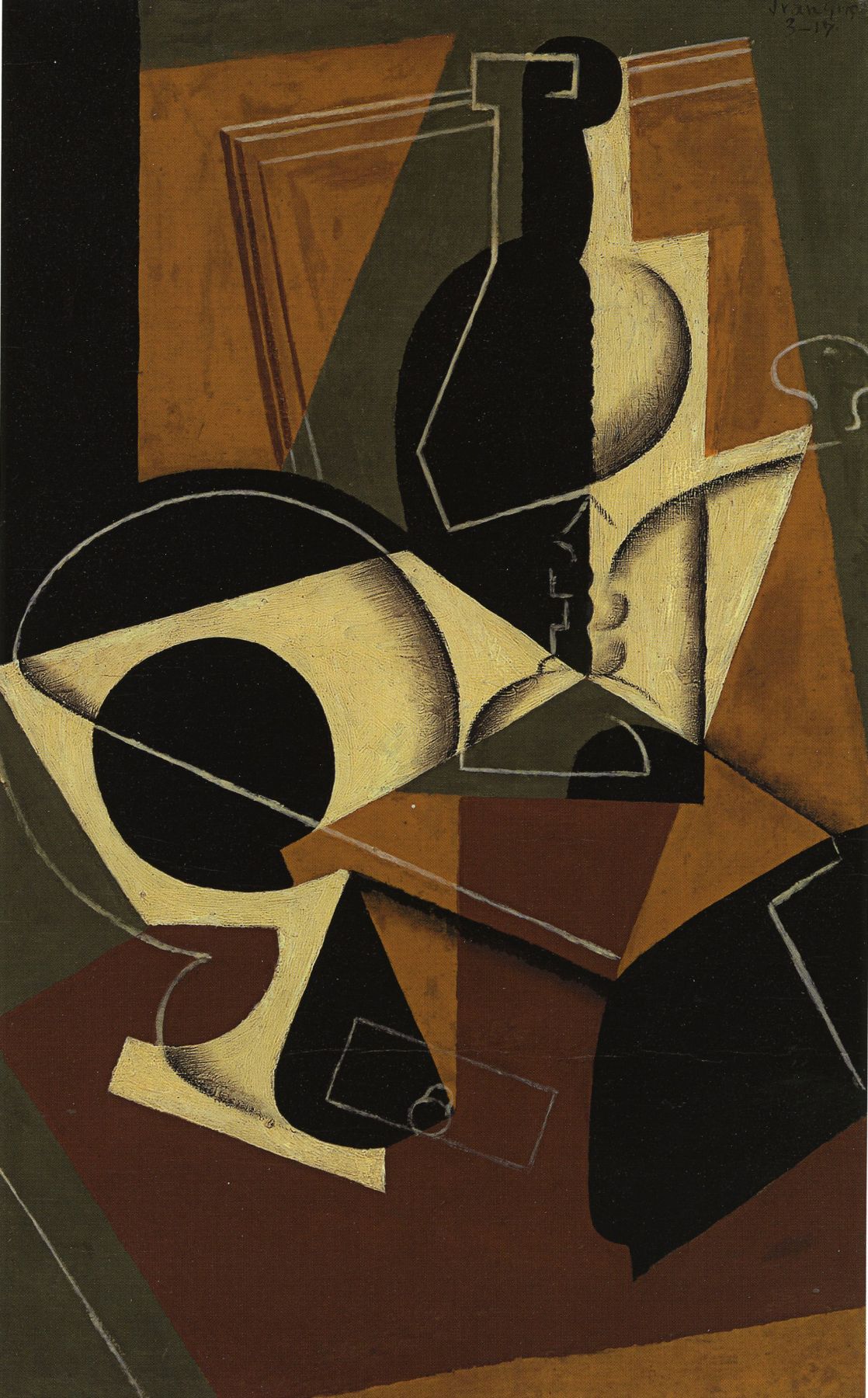 Juan Gris, Moulin à Café et Bouteille, 1917 Oil on board laid down on cradled panel 61 x 38 cm. (24 x 15 in.) This painting is in brown yellow bordeaux and black tons, it represents in a cubist manner a bottle and a coffee grinder.