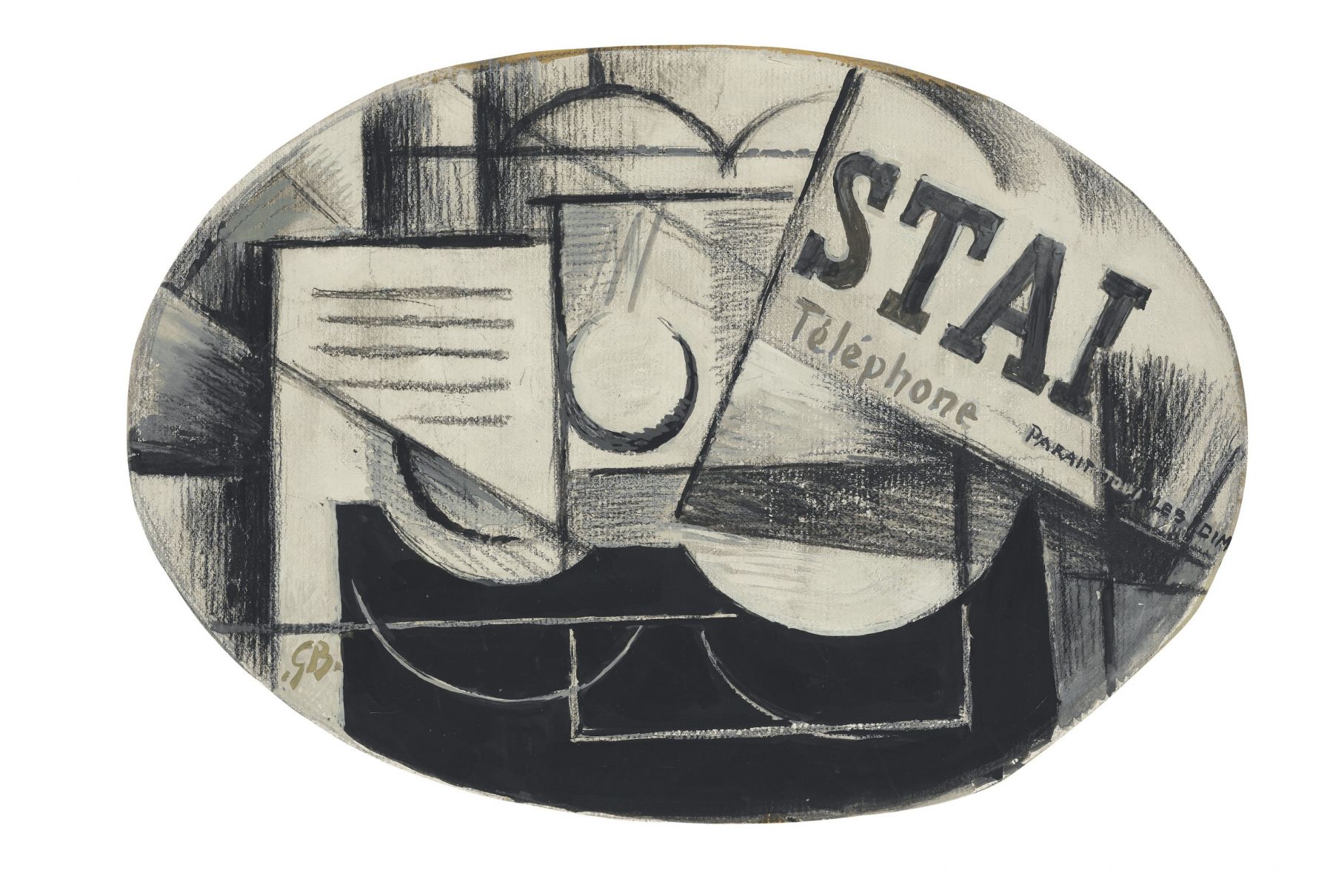 Georges Braque, Guitare et Journal: STAL (recto); Femme à la Mandoline (verso), 1913 gouache, charcoal and pencil on board 28 x 42 cm. (11 x 16 1/2 in.)