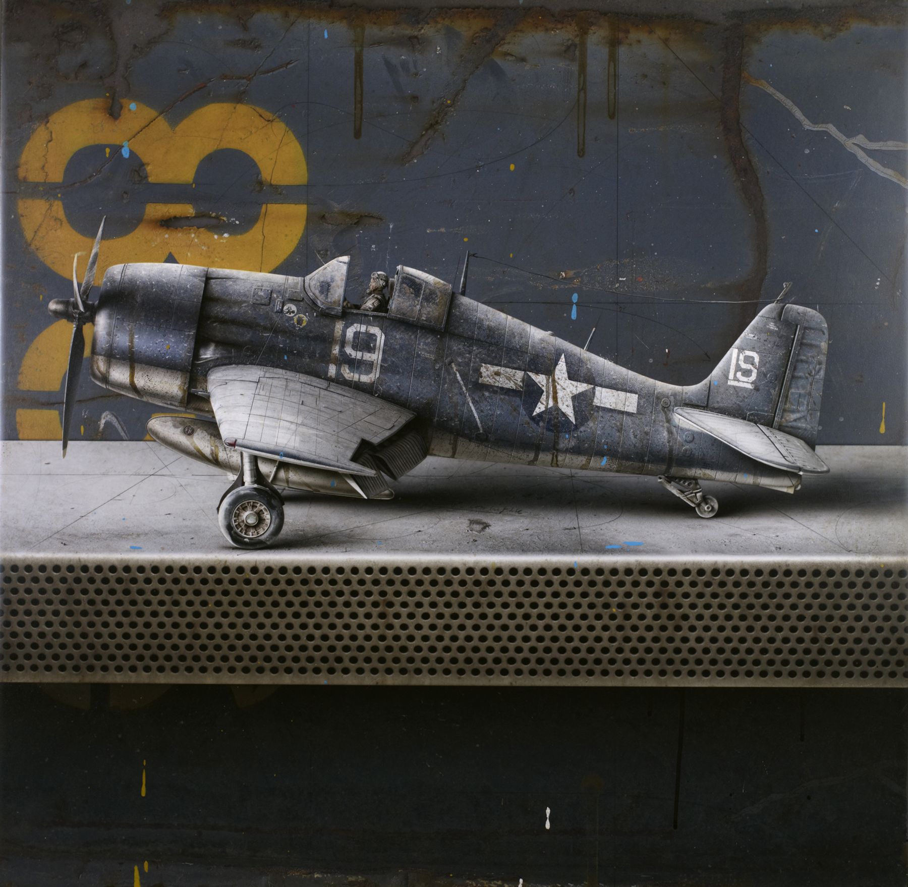 César Galicia, F6F Hell Cat (SOLD), 2011, mixed media on board with silicon carbide, 25 3/4 x 26 1/4 inches