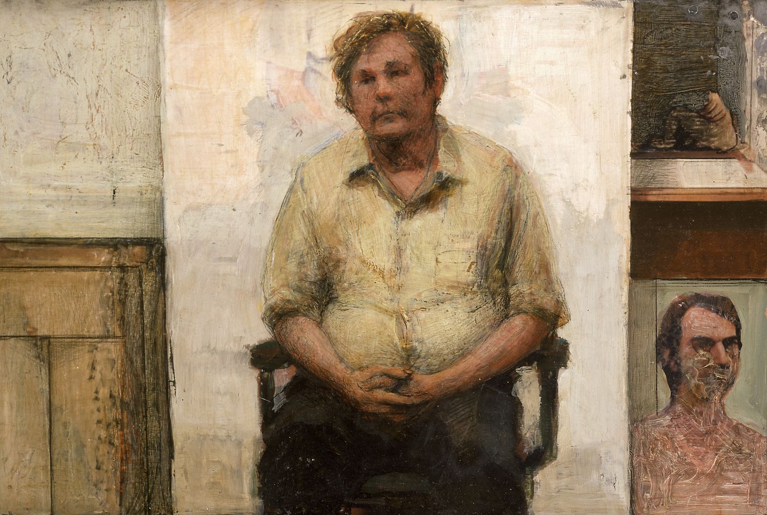 gregory gillespie, Bill (in studio), 1984, oil on panel, 13 x 18 1/2 inches