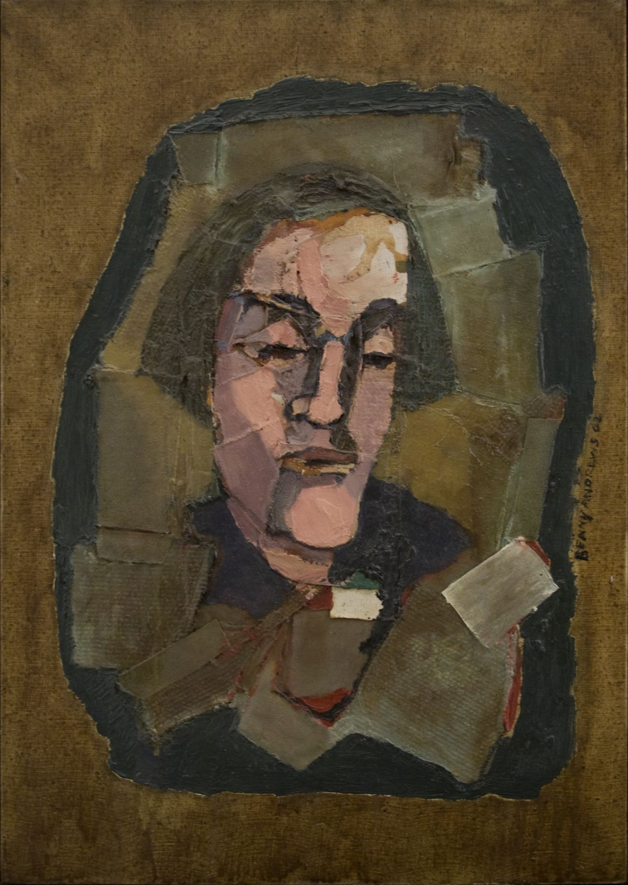 Benny Andrews, Poet, 1962, oil and collage on canvas, 25 x 17 1/2 inches