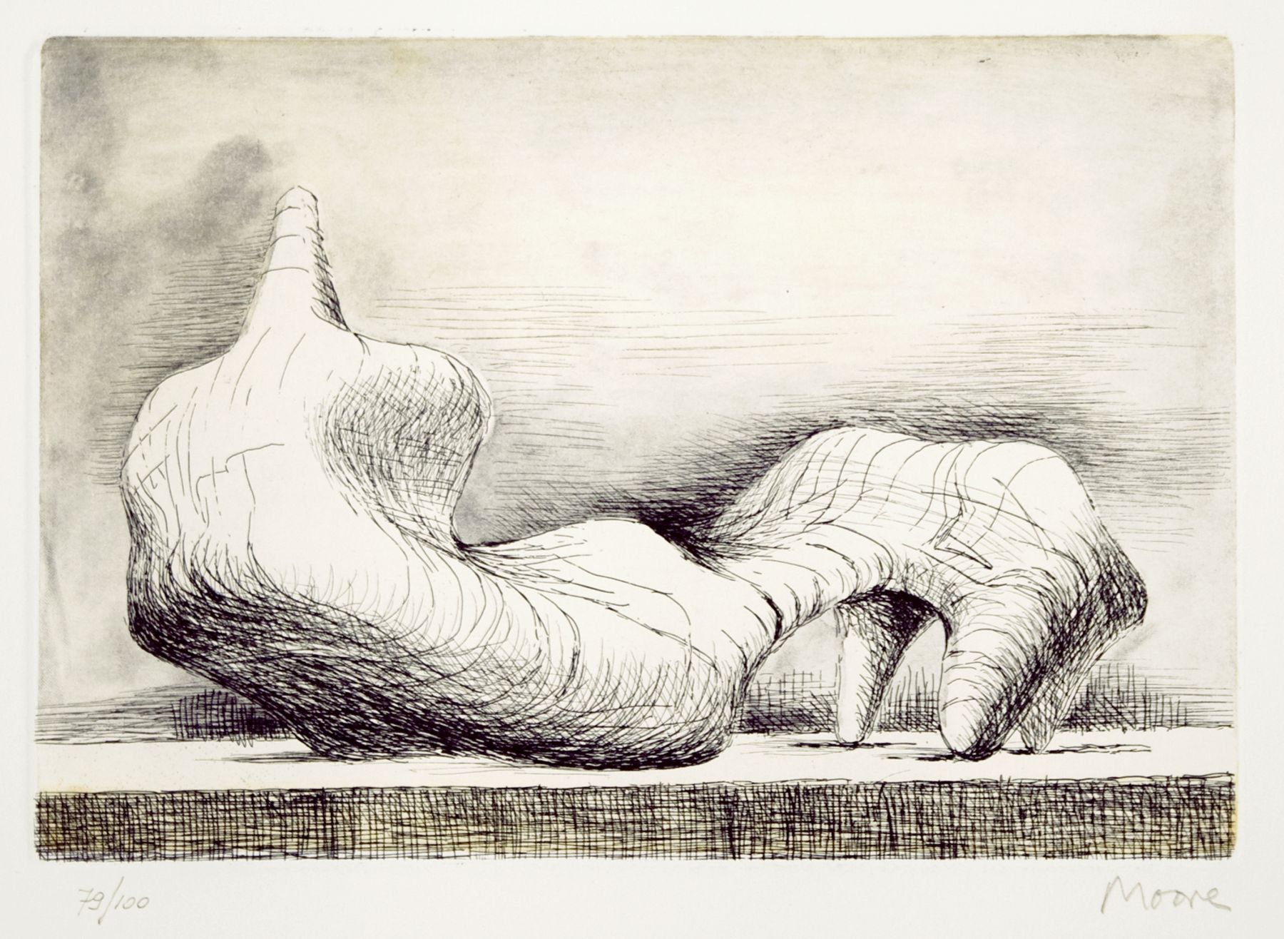 Henry Moore, Reclining Figure- Back, 1976 etching and acquatint, 6 1/2 x 9 1/2 inches image size, 25 1/2 x 18 inches paper size