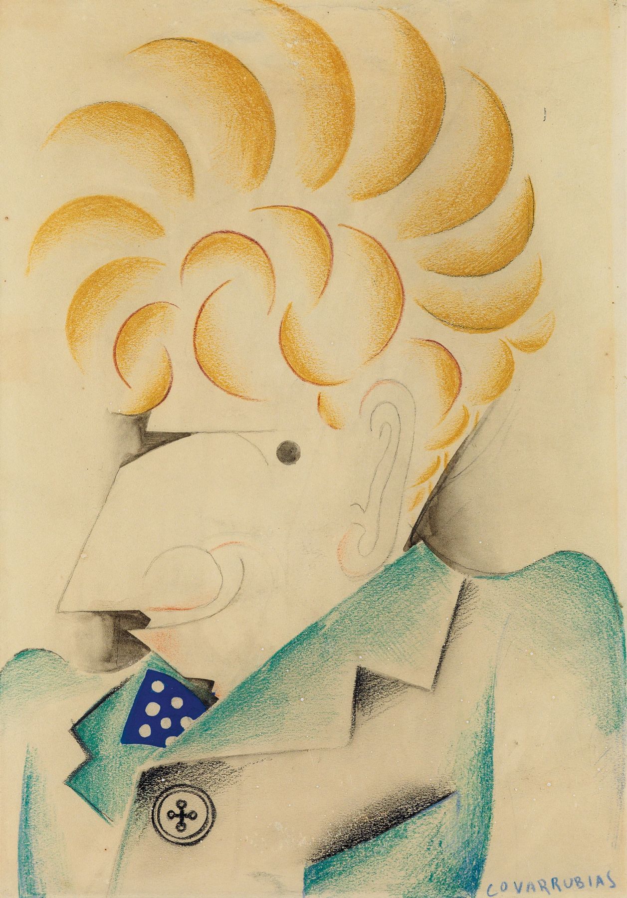 Miguel Covarrubias, Portrait of Alexander Brook, 1930, pencil, gray wash, color crayons and gouache on paper, 13 3/4 x 9 1/2 inches