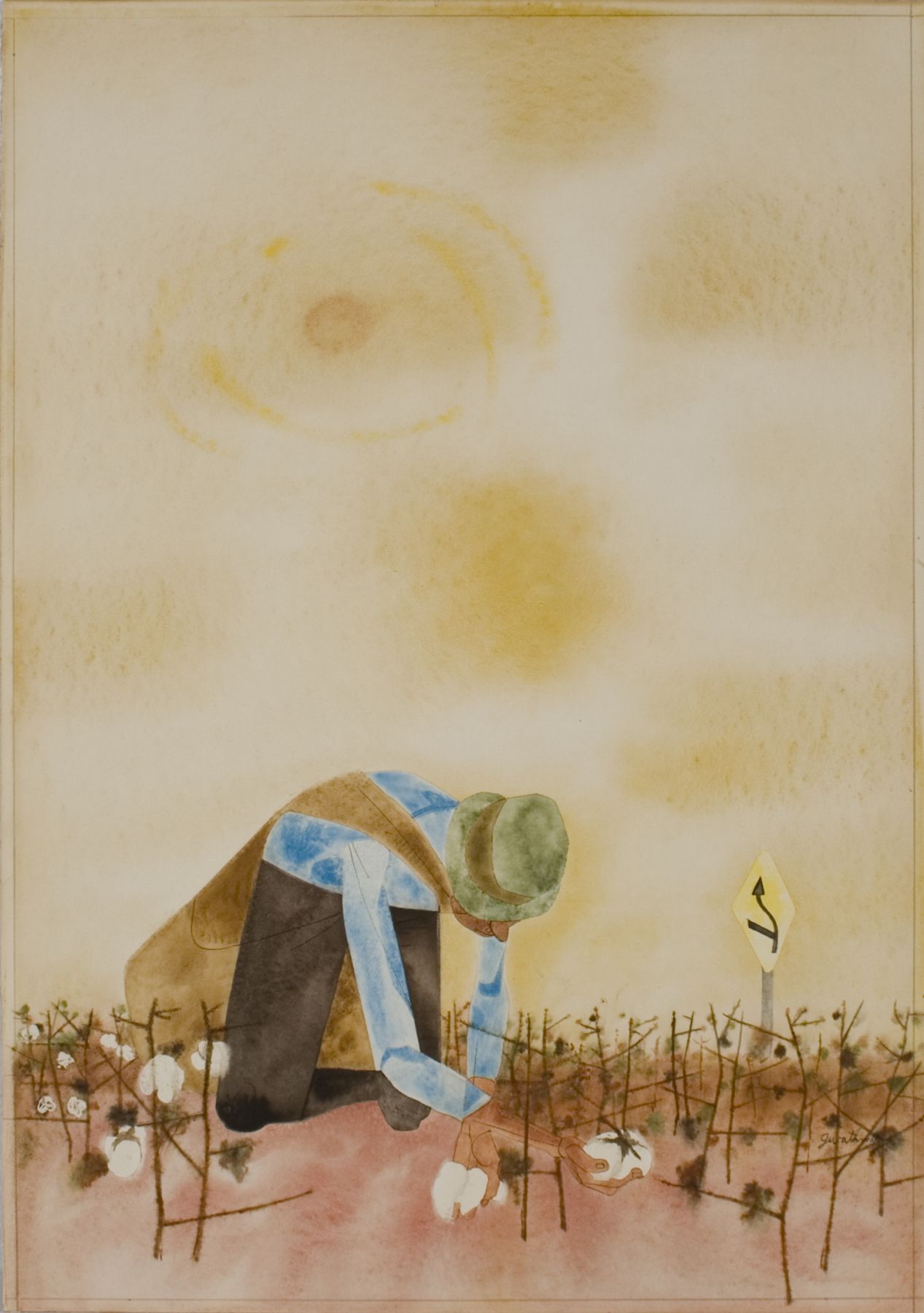 Robert Gwathmey, Picking Cotton, c. 1950, watercolor with pen and ink on wove paper, 19 3/4 x 13 5/8 inches