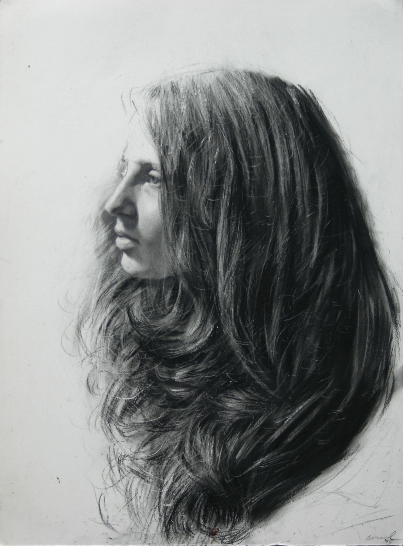 Steven Assael, Girl in Profile (SOLD), 1995, crayon and graphite on paper, 14 1/8 x 10 3/8 inches