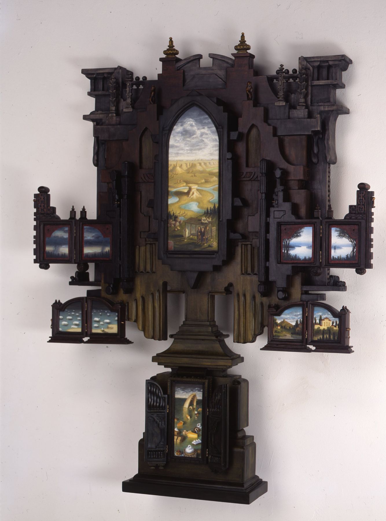 holly lane, In Harmony with the Times the Three Graces Take Public Transport, 2007, acrylic and carved wood, 48 1/4 x 37 x 8 3/4 inches (doors open)