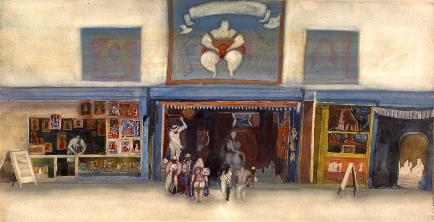 david levine, The Barker, 2003, watercolor on paper, 12 x 21 inches, Private collection, Chicago, IL