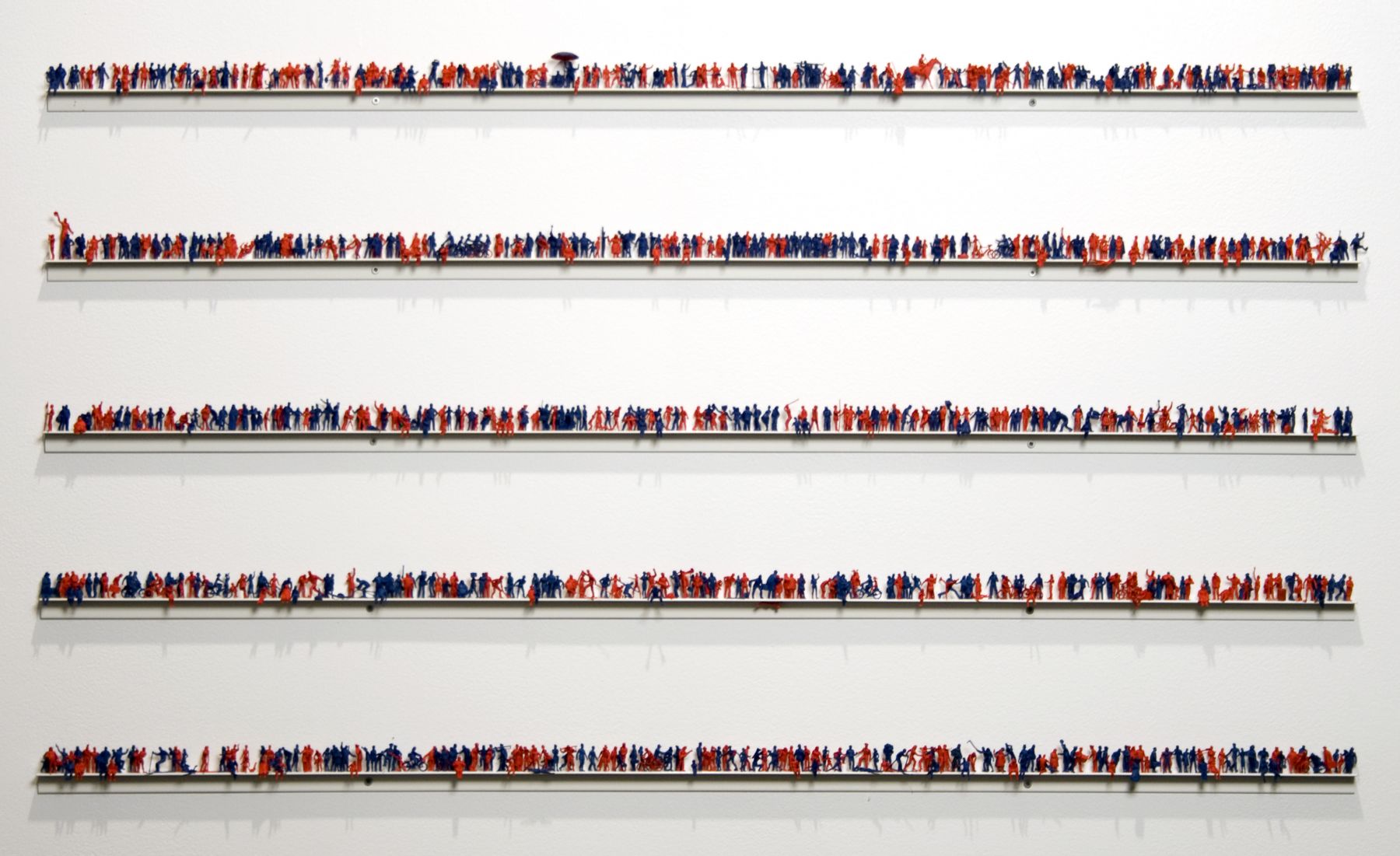 Guy Limone, In 1998, in the US, there were 442 internet addresses for ea. 1000 people, 1999, 1000 hand-painted plastic figures on 5 aluminum rails, 23 x 39 1/2 inches