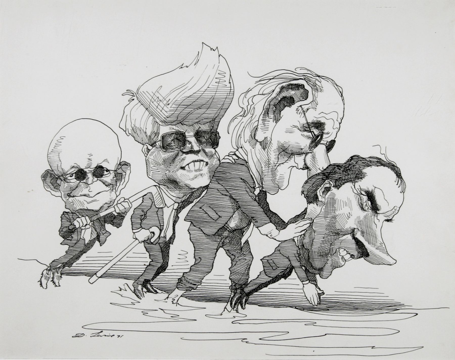 David Levine, The Blind Leading the Blind, 1971, ink on paper, 11 x 13 3/4 inches