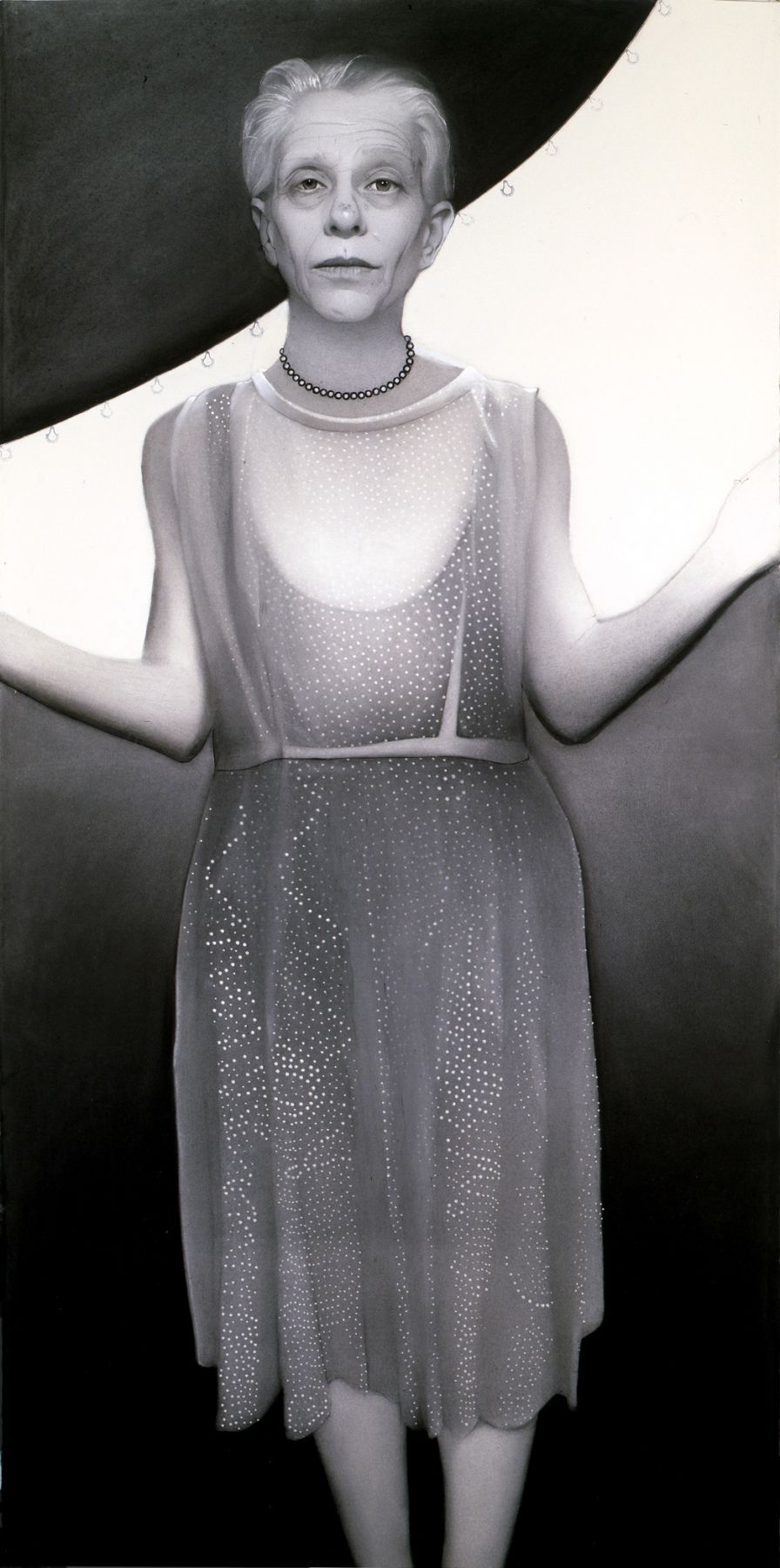 susan hauptman, Self Portrait (with rubber stamp) (SOLD), 2010, charcoal and rubber stamp on paper, 82 x 40 inches