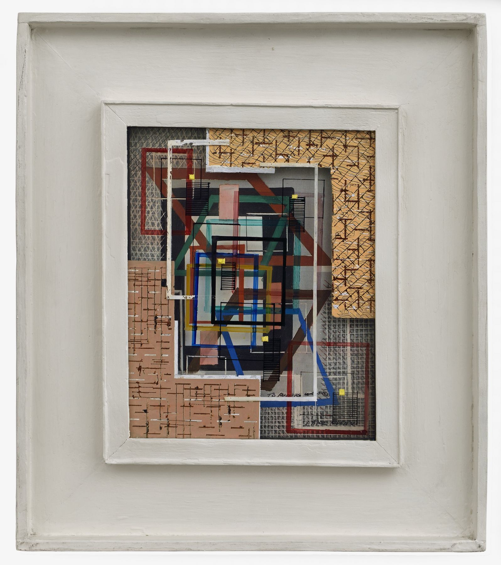 irene rice pereira, Three Dimensional Abstract Composition, c. 1945 painted glass and board construction 9 1/4 x 7 1/4 x 1/8 inches artist’s shadow box frame: 16 x 14 x 1 3/8 inches
