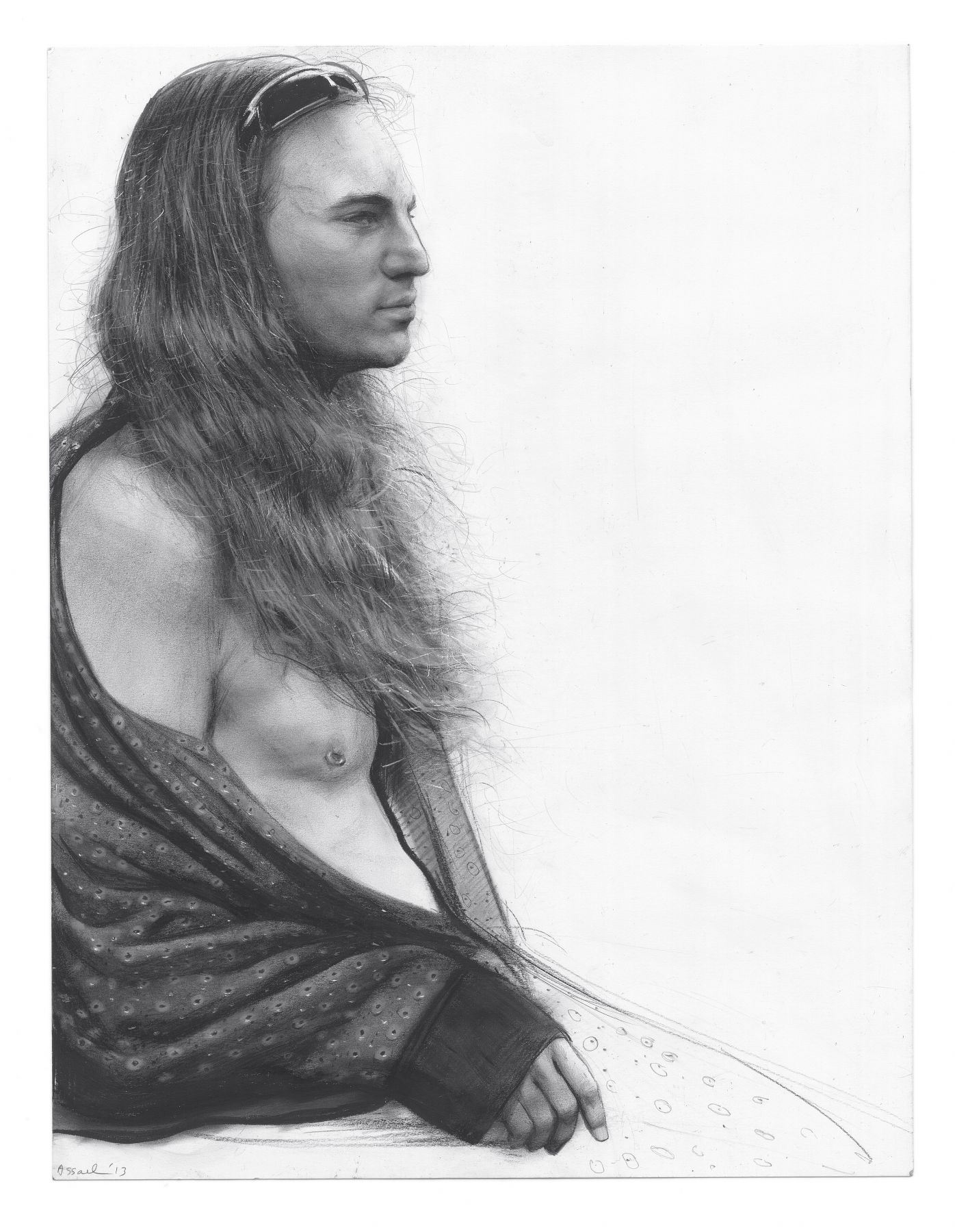 Steven Assael, Alex with Patterned Shirt, 2013, graphite and crayon on paper, 14 x 10 3/4 inches