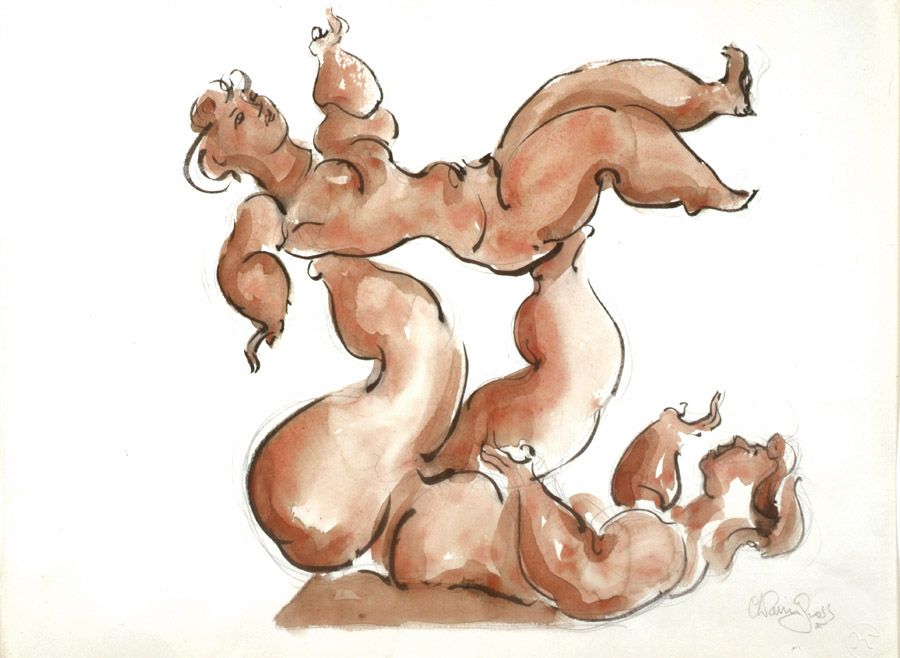 chaim gross, Two Balancing Acrobats, 1965, pencil, ink and watercolor on paper, 13 1/4 x 17 3/4 inches