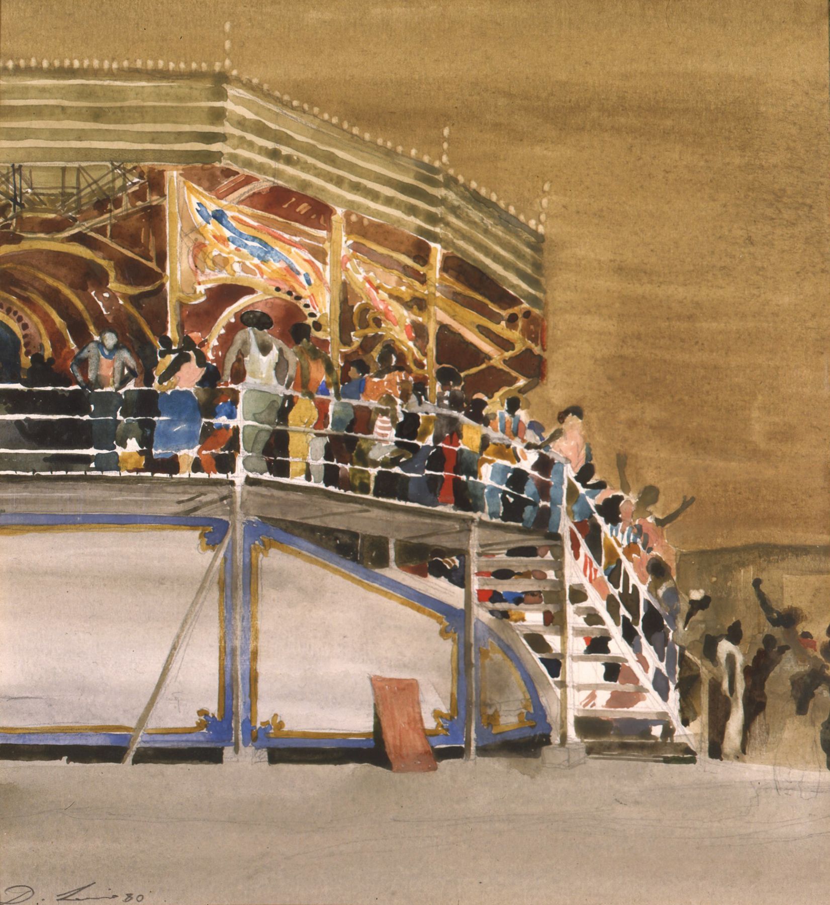 david levine, Awaiting the Ride, Coney Island, 1980 watercolor on paper 10 3/4 x 10 inches, Private collection, Chicago, IL