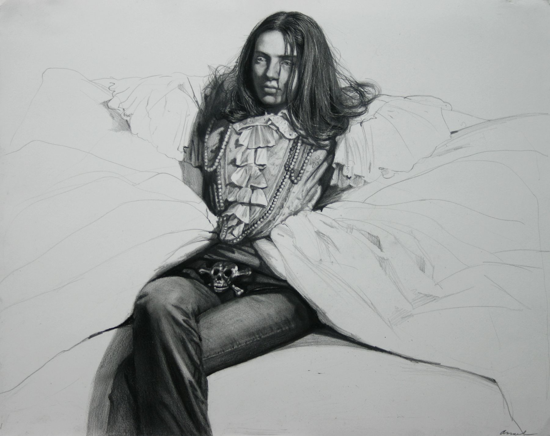 Steven Assael, Girl with Ruffled Shirt (SOLD), 2008, crayon and graphite on paper, 12 5/8 x 15 3/4 inches