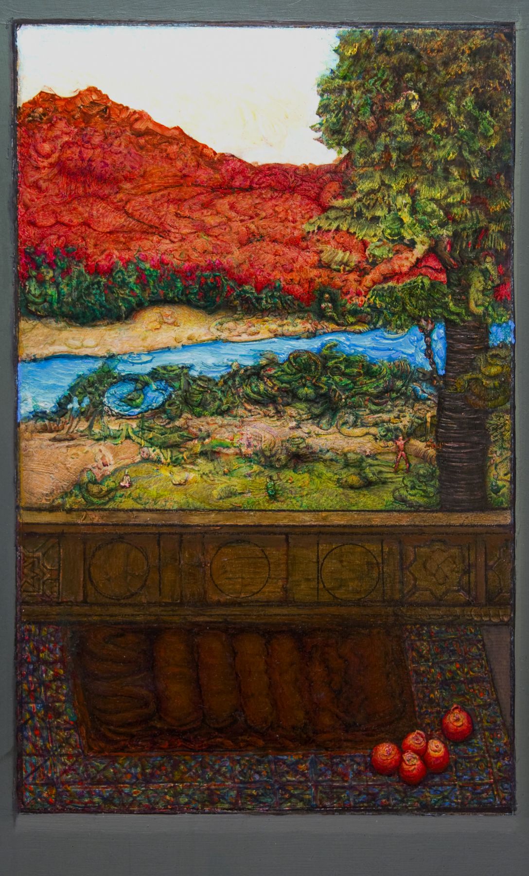 Gregory Gillespie, Red Mountain, 1995, oil, pencil and Xerox transfer on panel, 16 1/4 x 10 inches