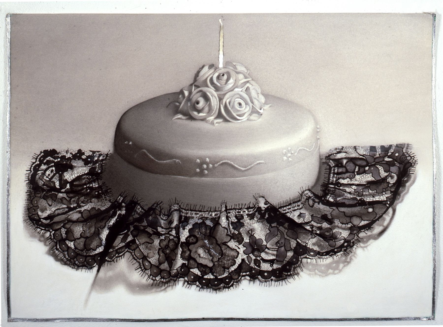 Susan Hauptman, Cake (SOLD), 2007, charcoal, ink, encaustic and silver leaf on paper, 23 x 33 inches