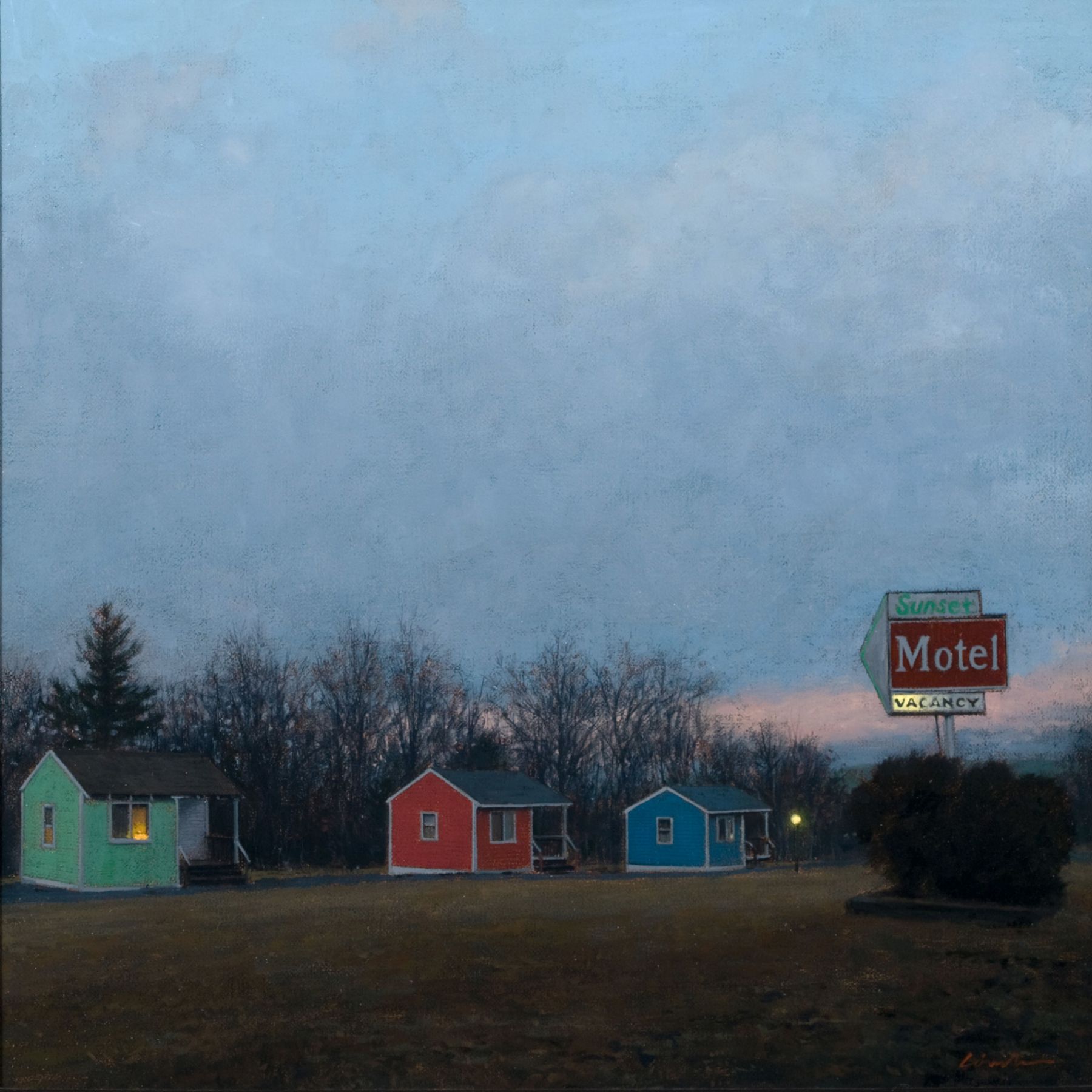 Linden Frederick, Sunset Motel (SOLD), 2007, oil on panel, 12 1/4 x 12 1/4 inches