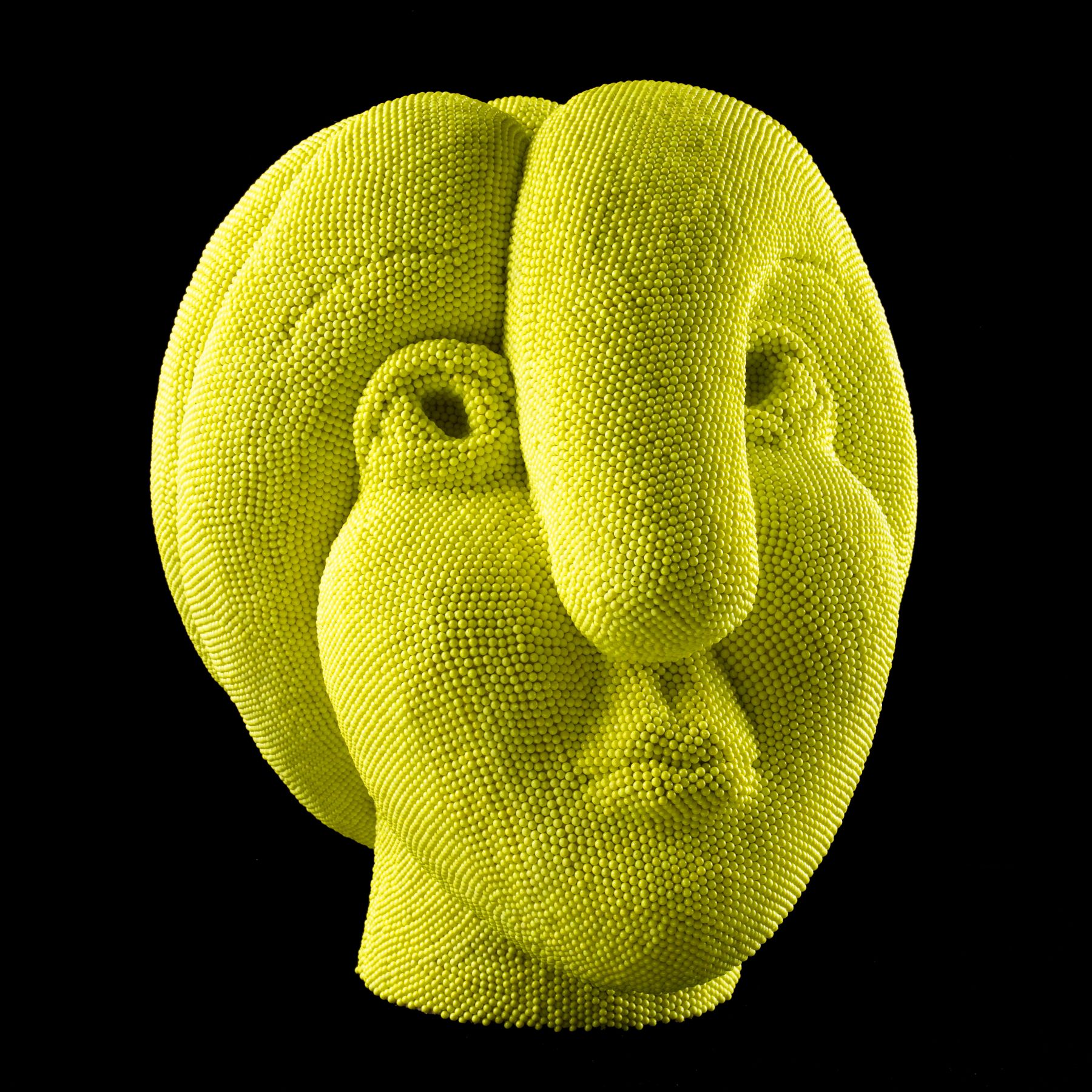 david mach, Yellow Pearl, 2012, yellow plastic pins on foam, 16 1/2 x 14 1/2 x 14 1/2 inches