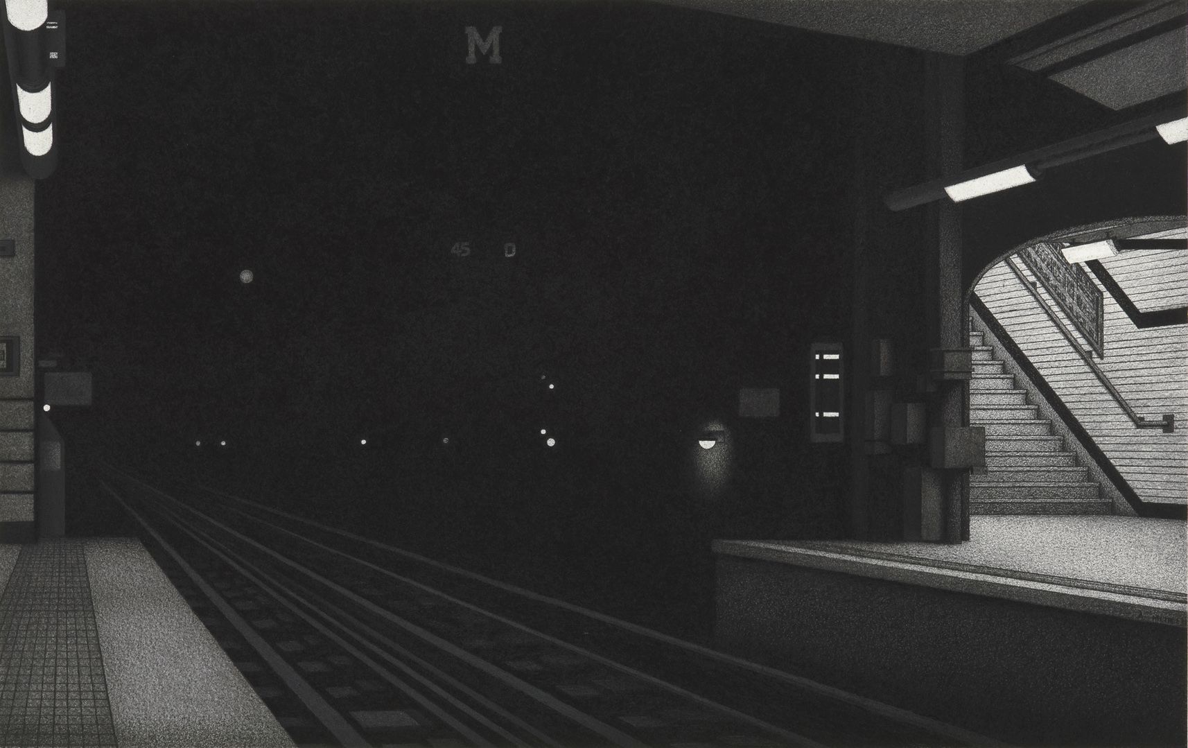 Anthony Mitri, 12:57 a.m., Metro, Paris (SOLD), 2011, charcoal on paper, 15 x 22 3/4 inches