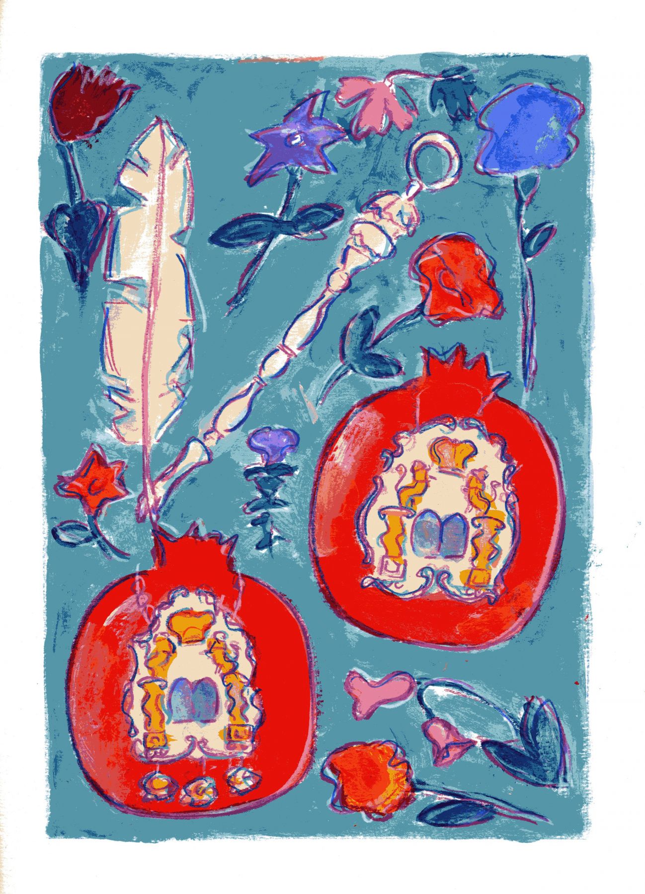 mark podwal, Israel's Fruits and Flowers (SOLD), 2011, acrylic, gouache and colored pencil on paper, 16 x 12 inches